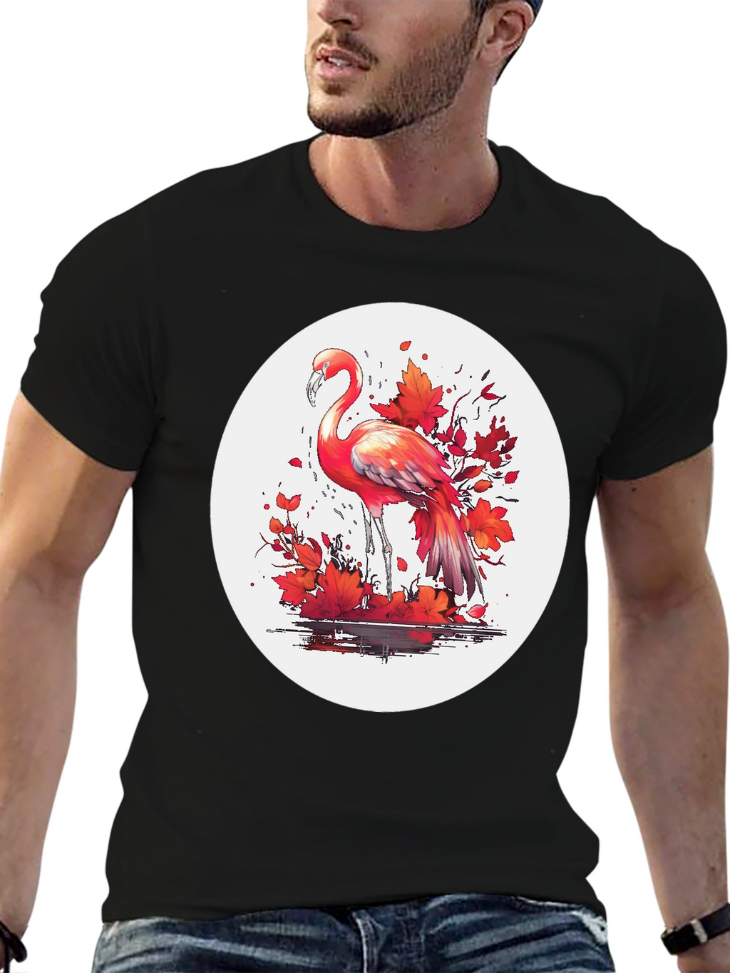 Flamingo T-Shirt: Red Autumn Leaves Design