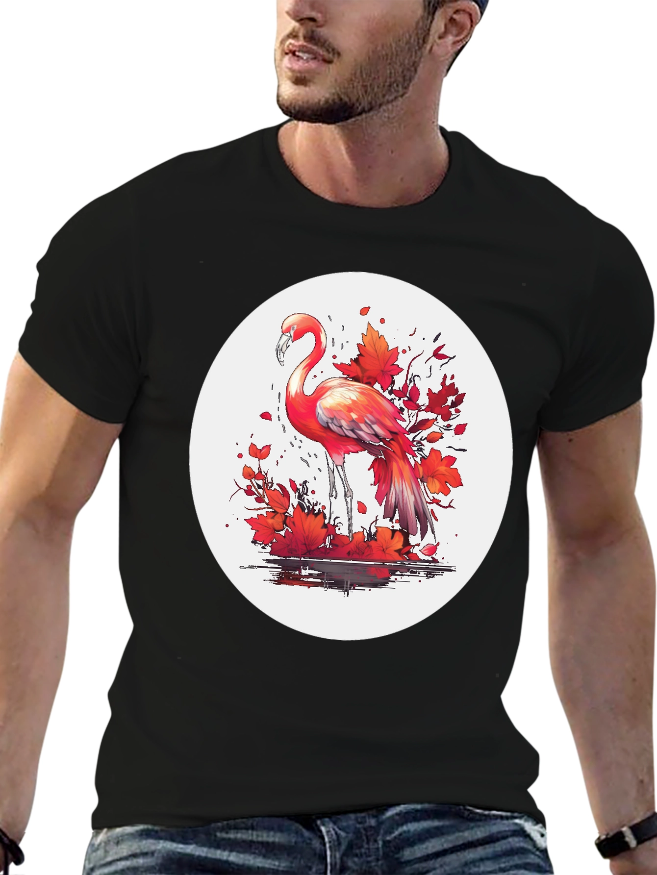 Flamingo T-Shirt: Red Autumn Leaves Design