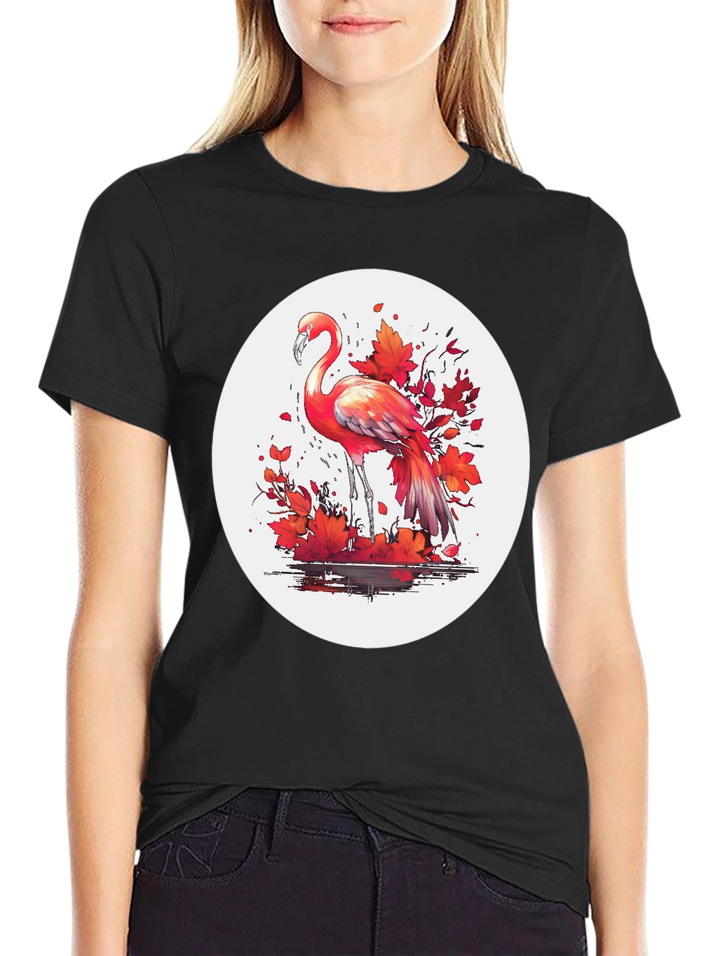 Flamingo T-Shirt: Red Autumn Leaves Design