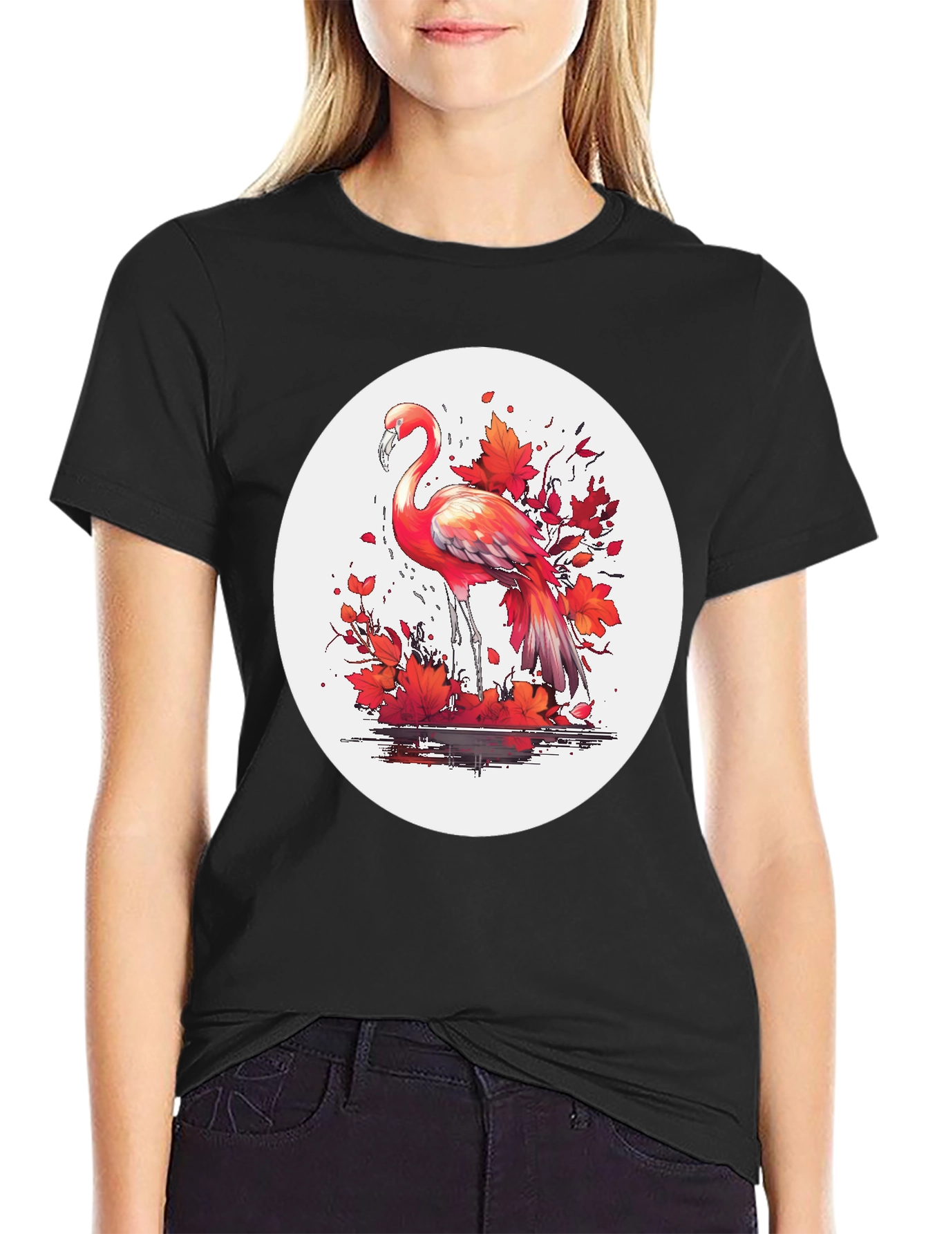 Flamingo T-Shirt: Red Autumn Leaves Design