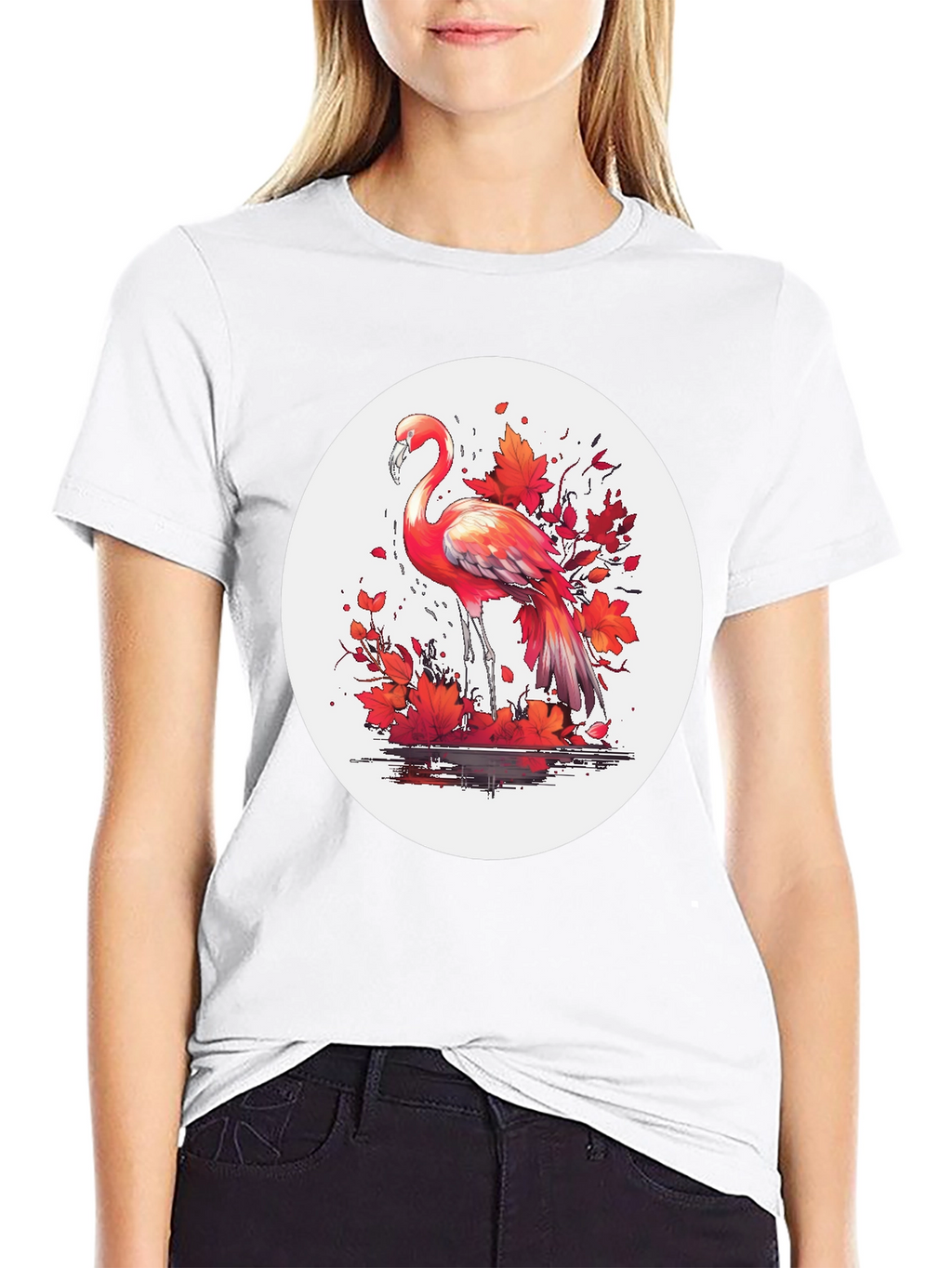 Flamingo T-Shirt: Red Autumn Leaves Design