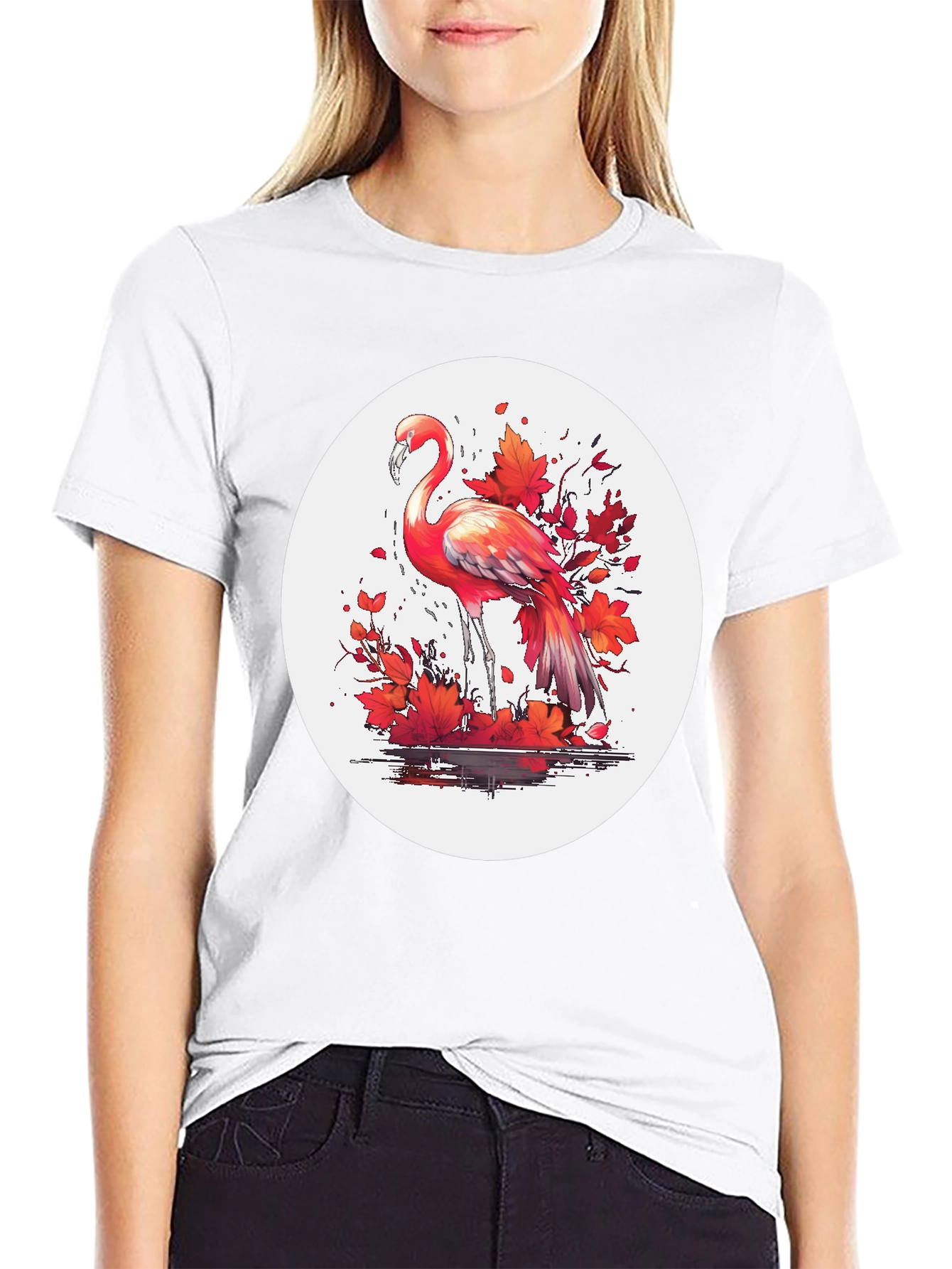 Flamingo T-Shirt: Red Autumn Leaves Design