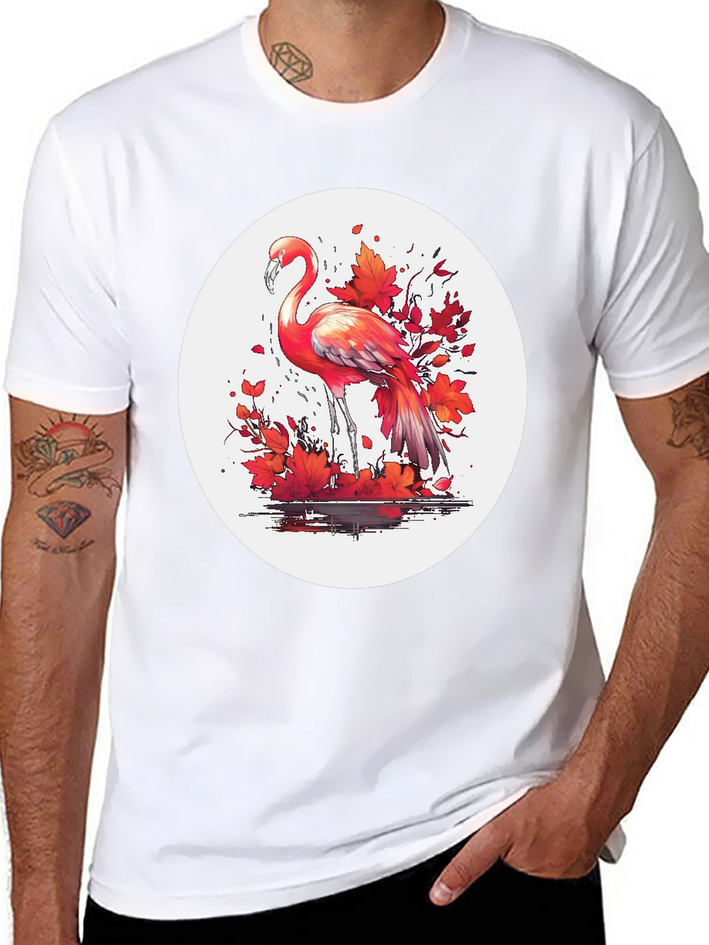 Flamingo T-Shirt: Red Autumn Leaves Design