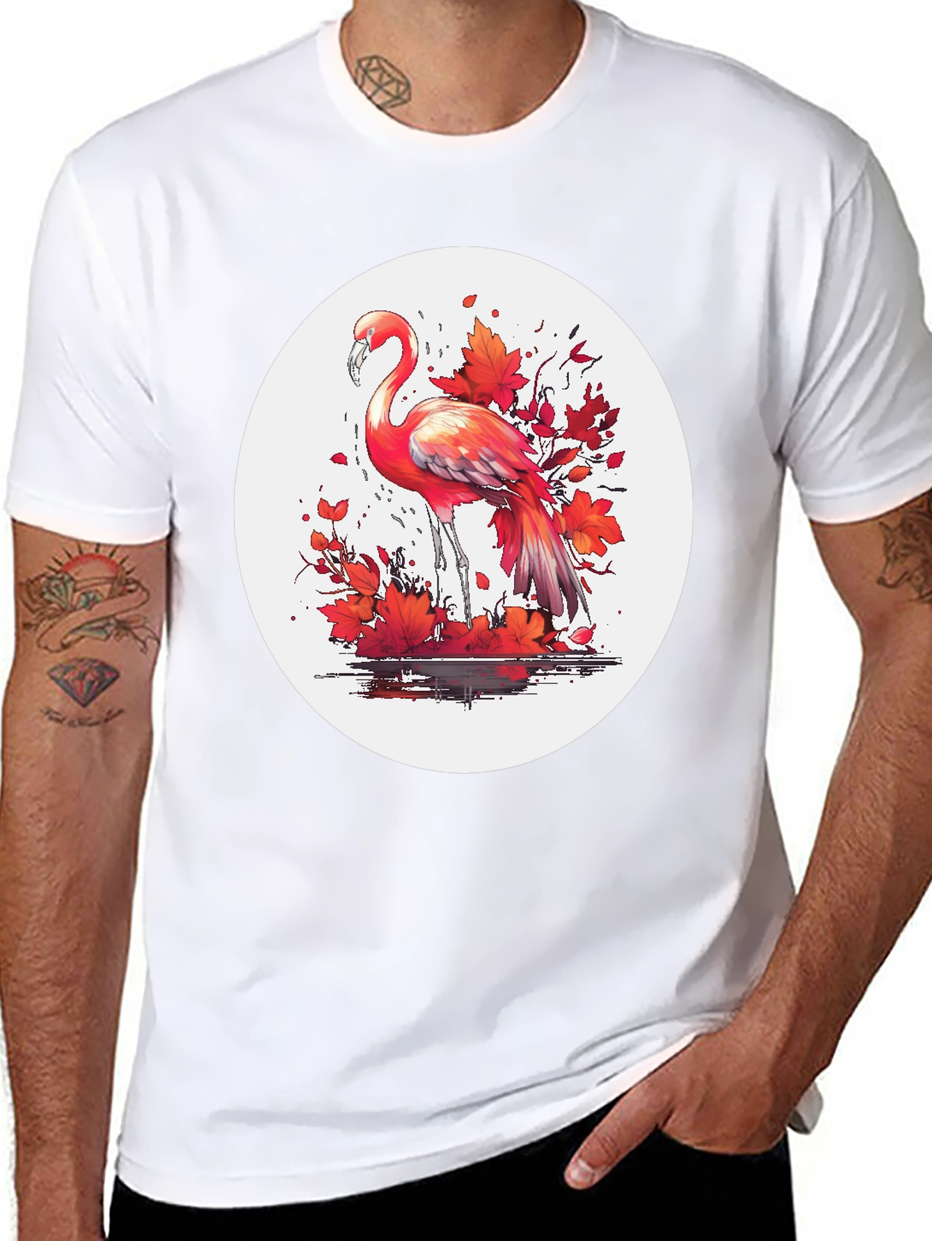 Flamingo T-Shirt: Red Autumn Leaves Design