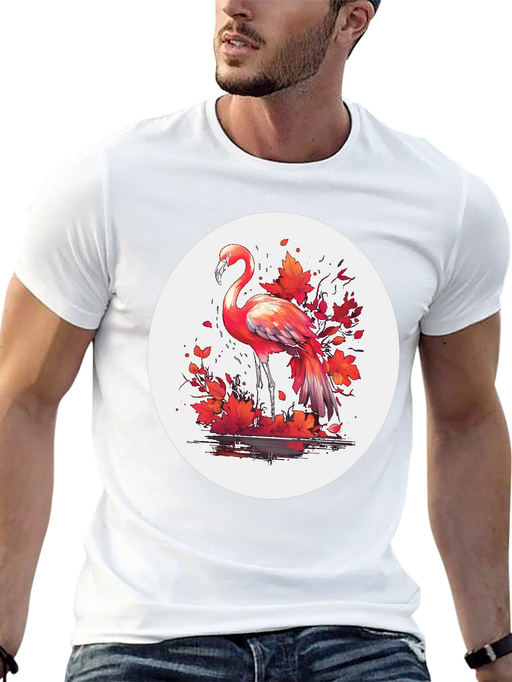 Flamingo T-Shirt: Red Autumn Leaves Design
