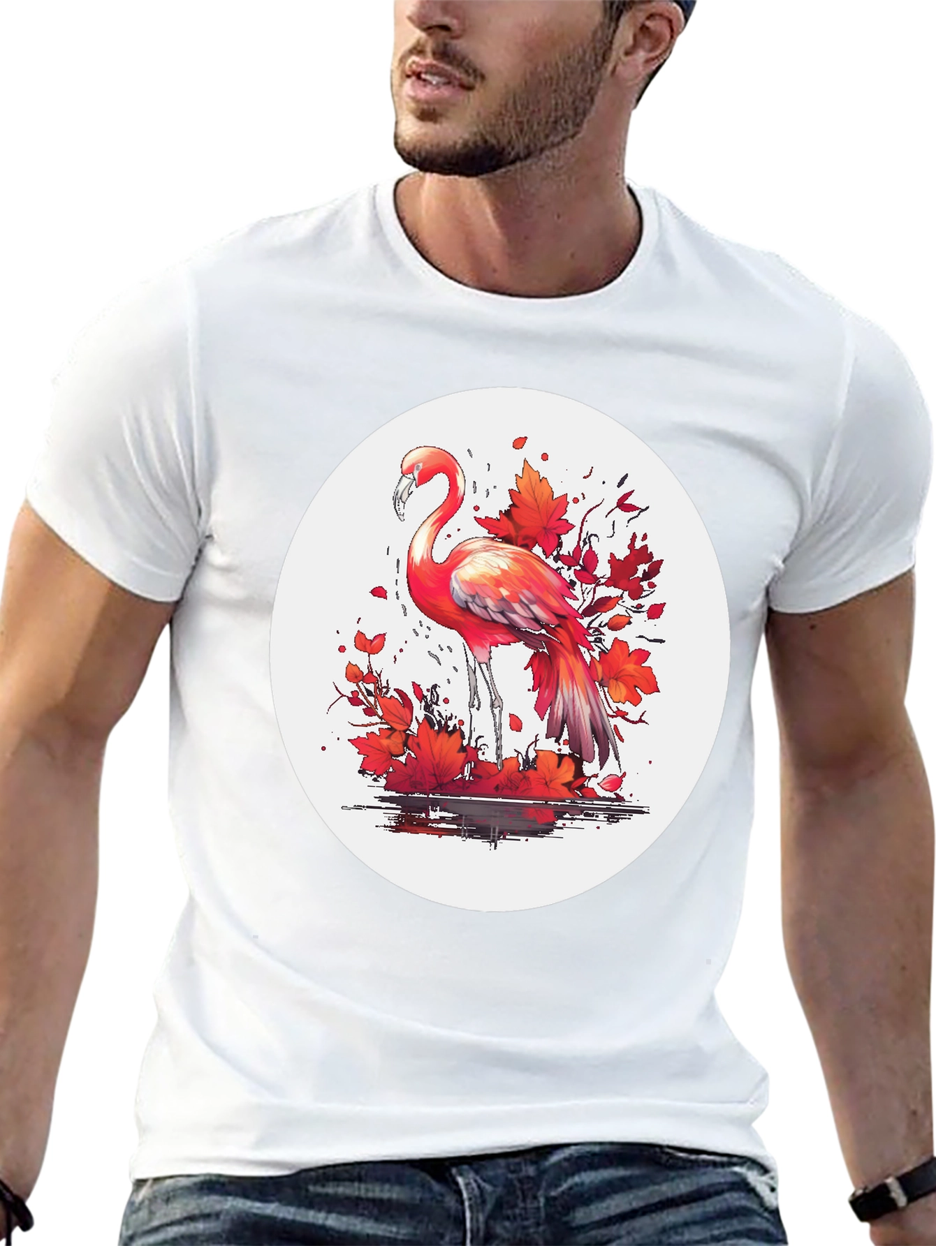 Flamingo T-Shirt: Red Autumn Leaves Design