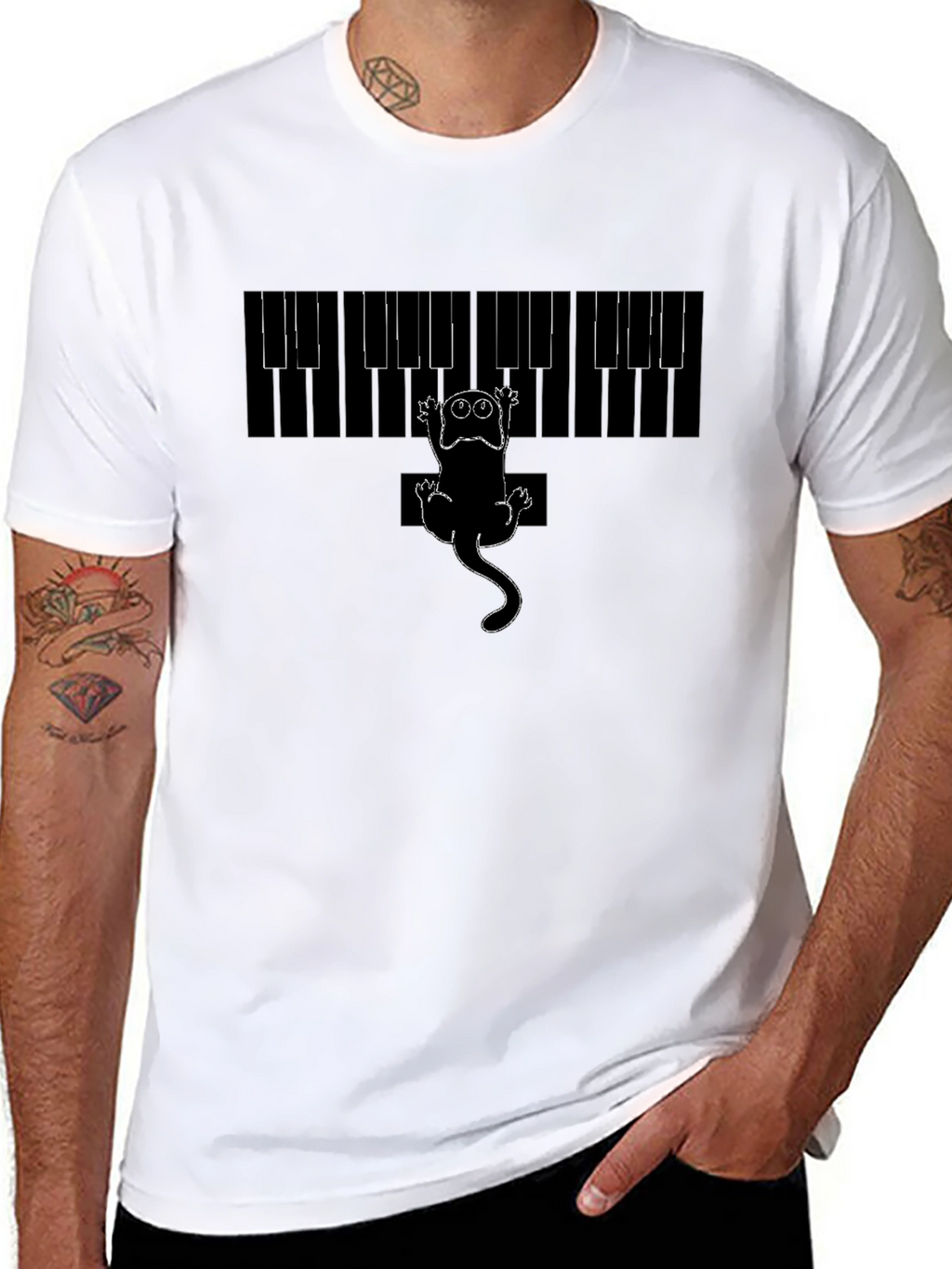Piano Cat Graphic Tee - Black Cotton T-Shirt