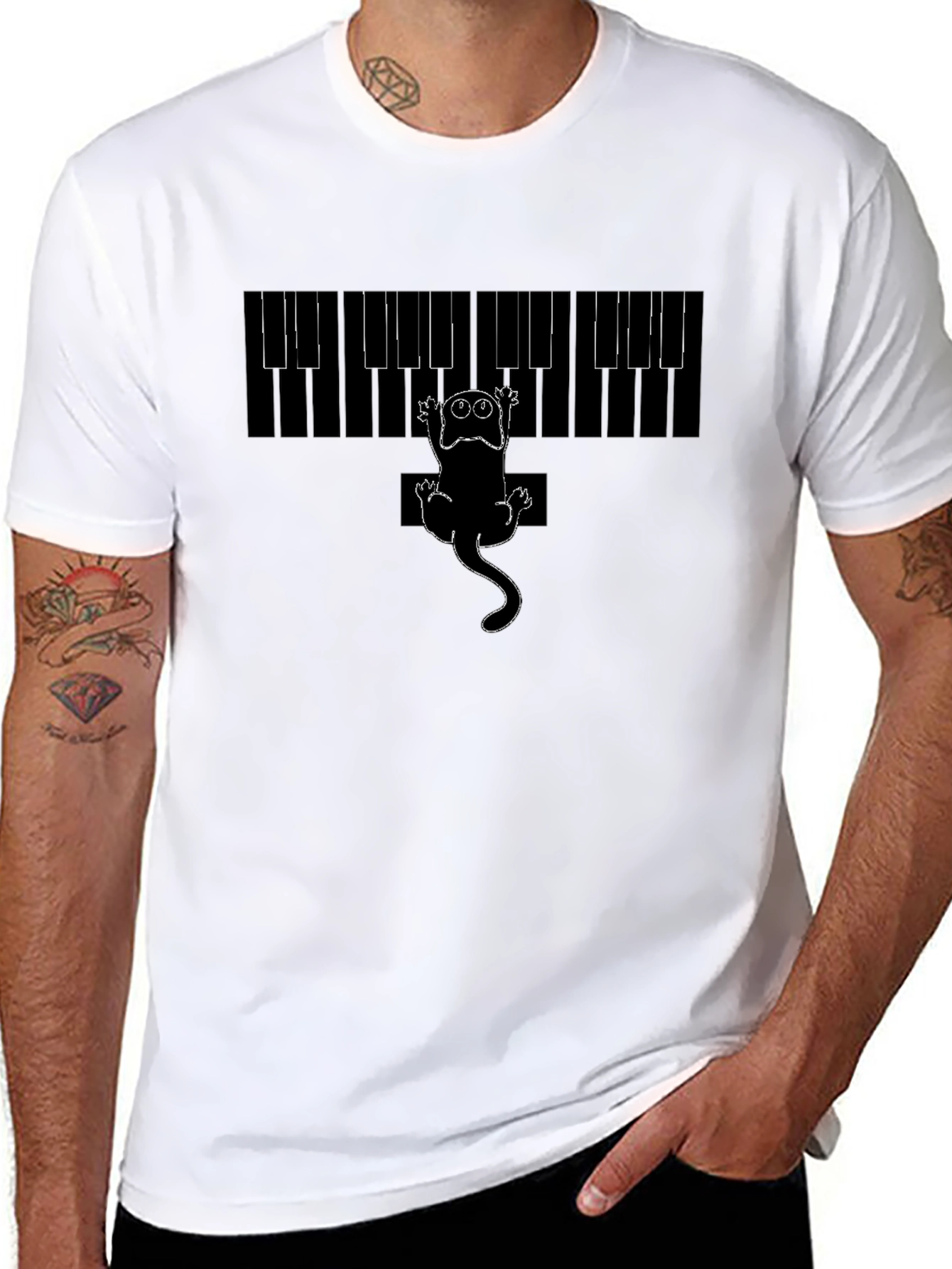 Piano Cat Graphic Tee - Black Cotton T-Shirt