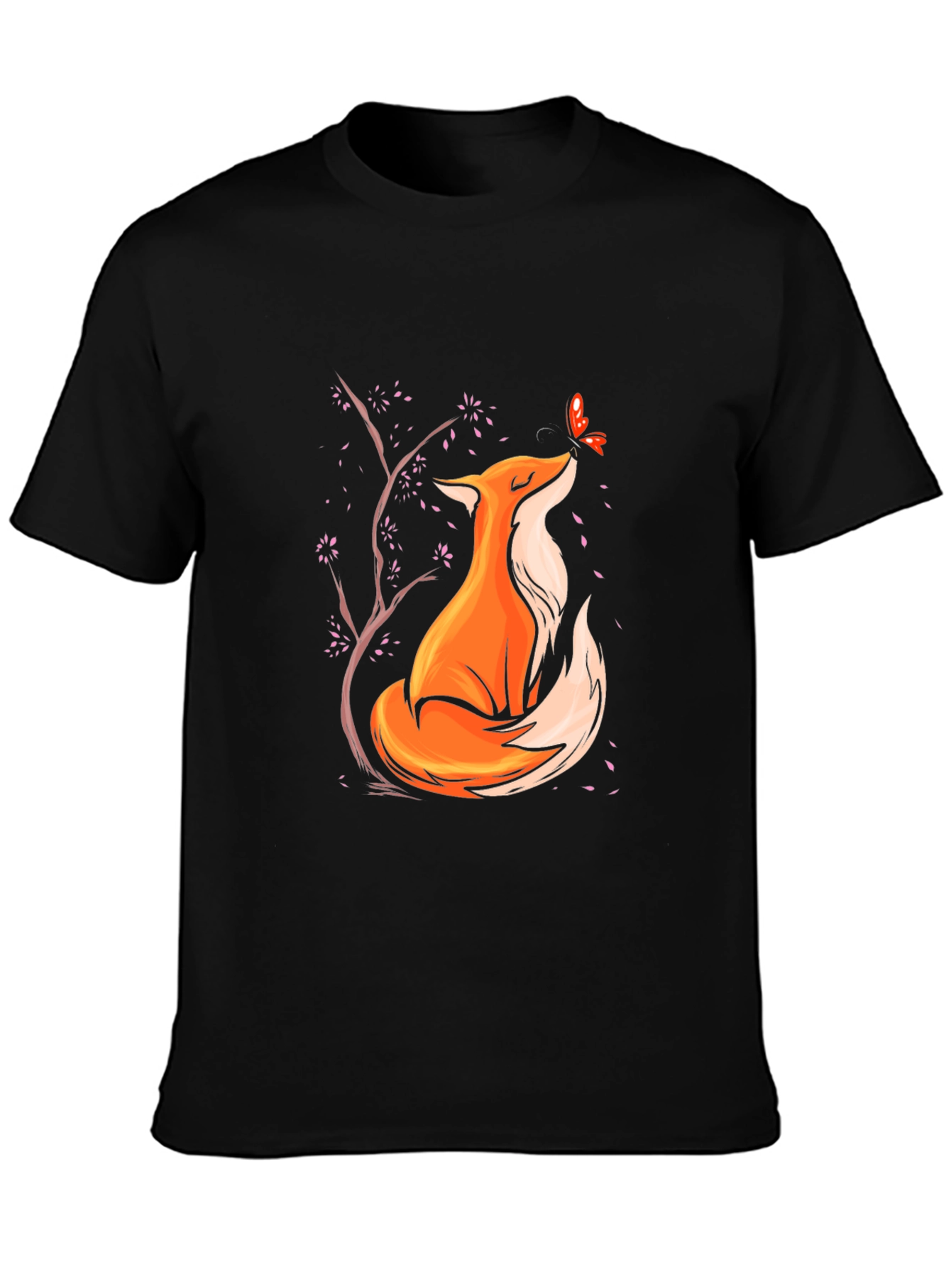 Fox and Butterfly Graphic Black T-Shirt