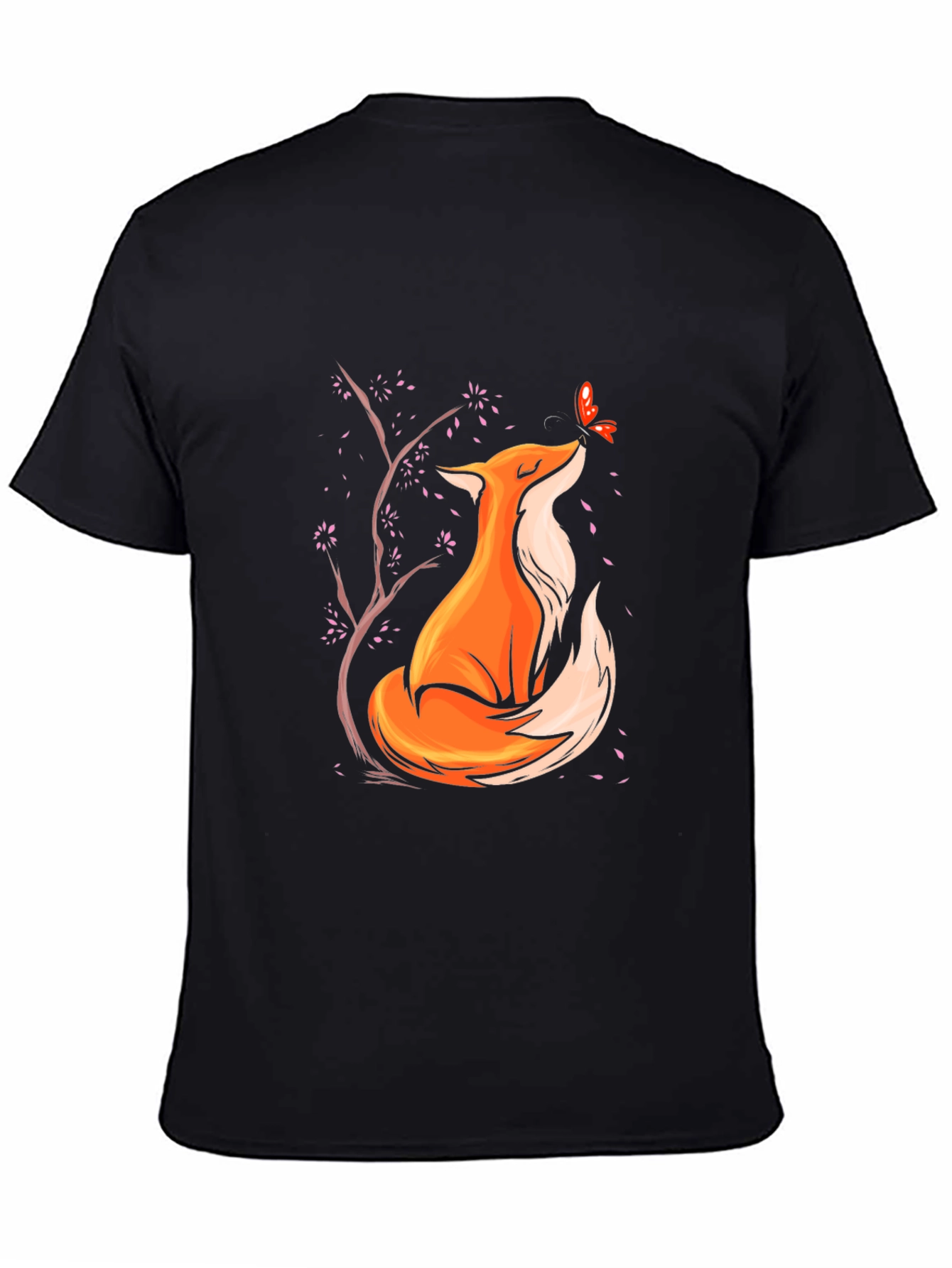 Fox and Butterfly Graphic Black T-Shirt