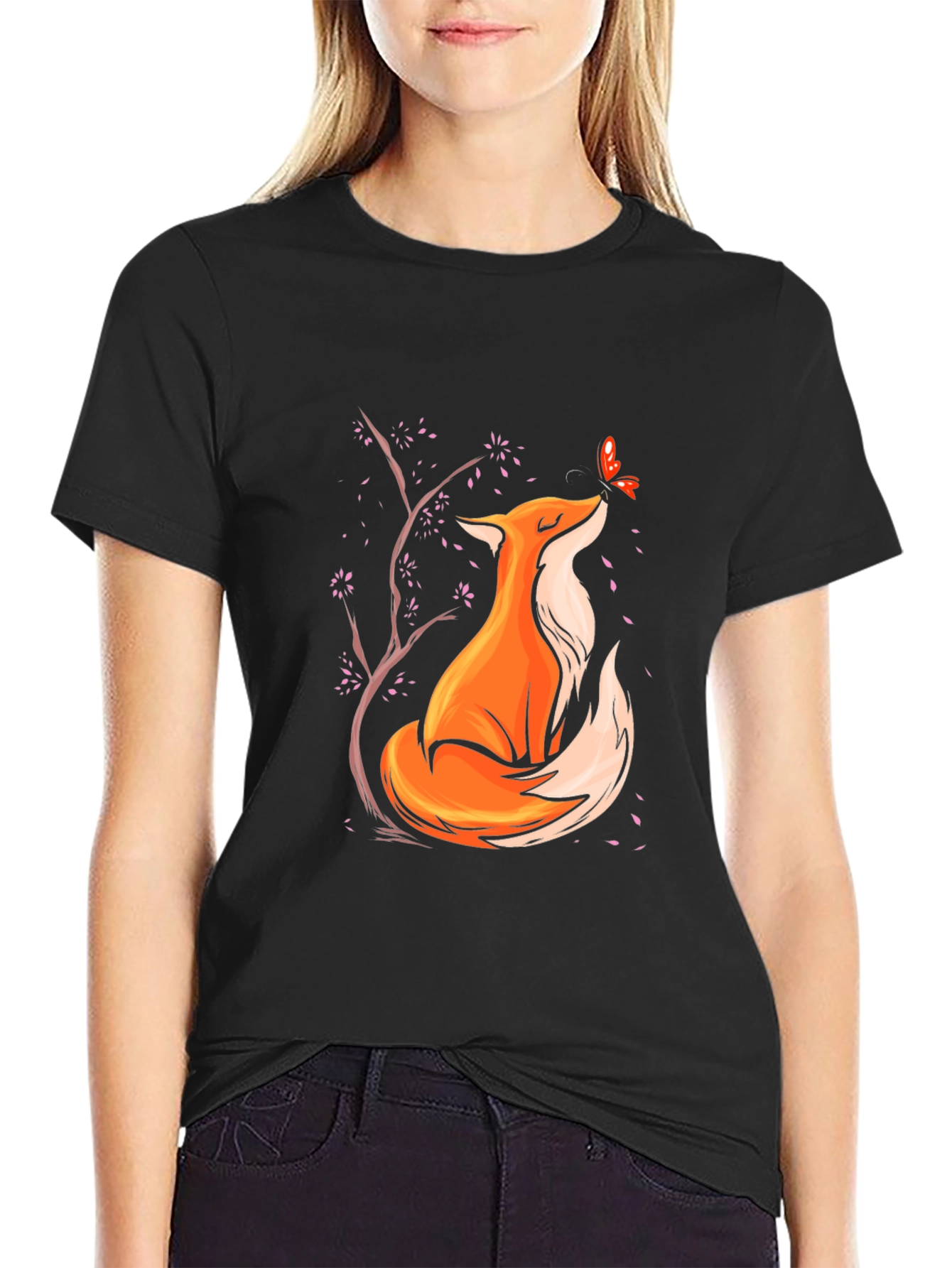Fox and Butterfly Graphic Black T-Shirt