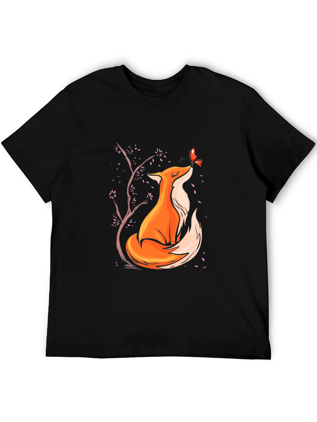 Fox and Butterfly Graphic Black T-Shirt