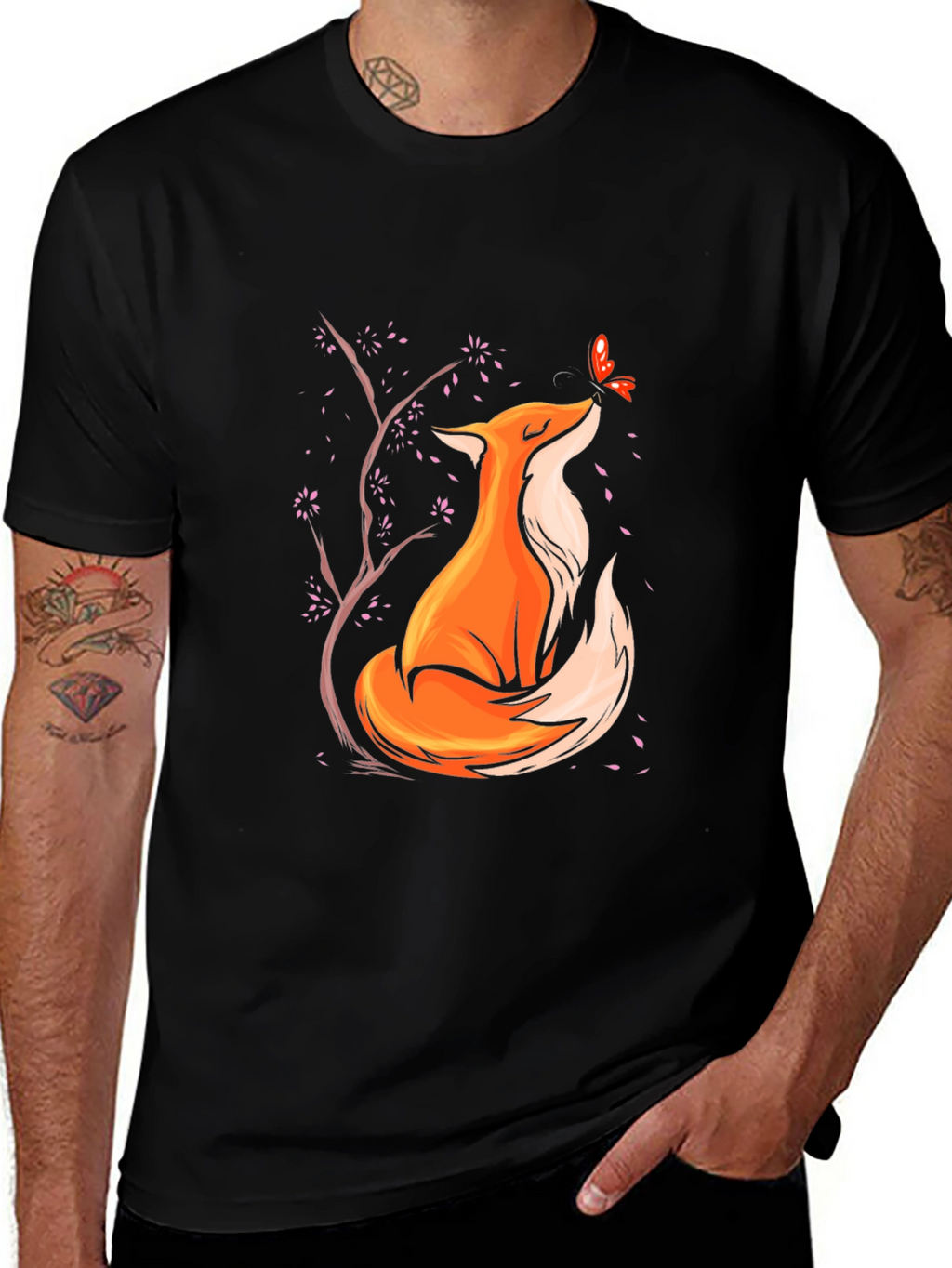 Fox and Butterfly Graphic Black T-Shirt