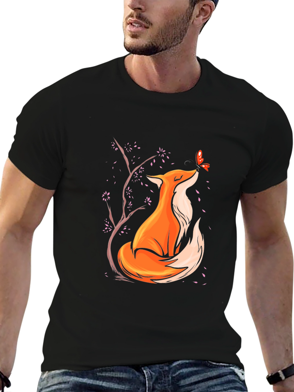 Fox and Butterfly Graphic Black T-Shirt