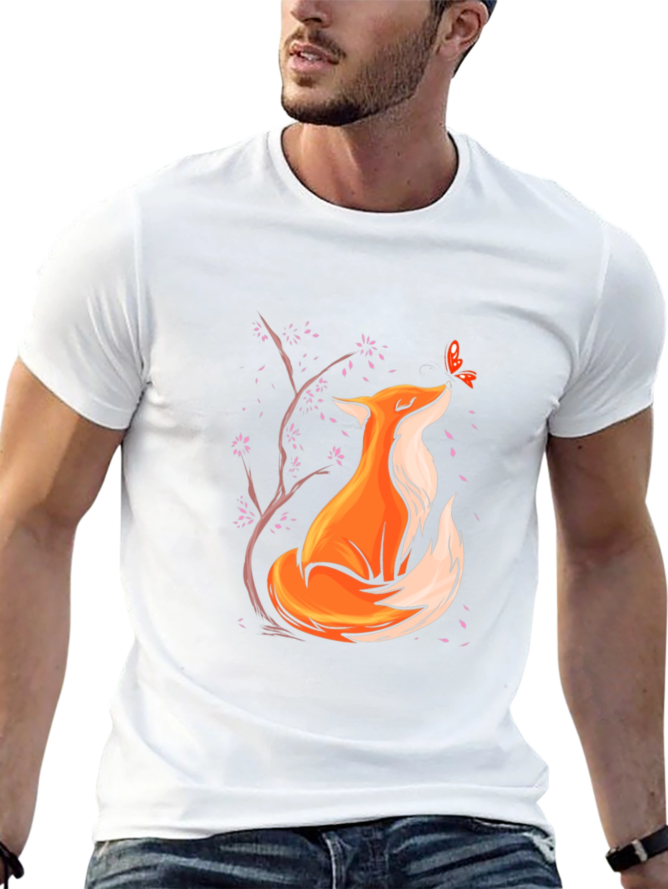 Fox and Butterfly Graphic Black T-Shirt