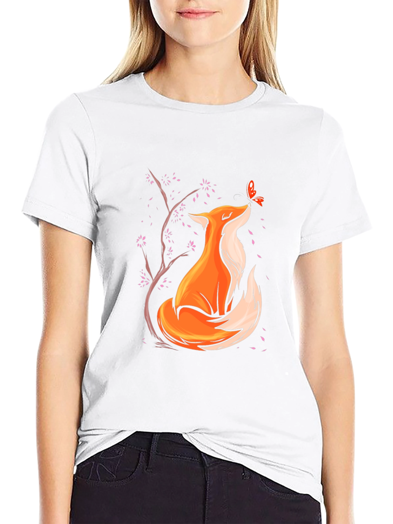 Fox and Butterfly Graphic Black T-Shirt