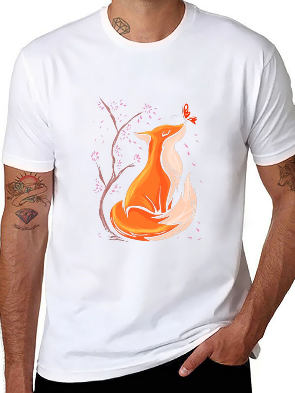 Fox and Butterfly Graphic Black T-Shirt