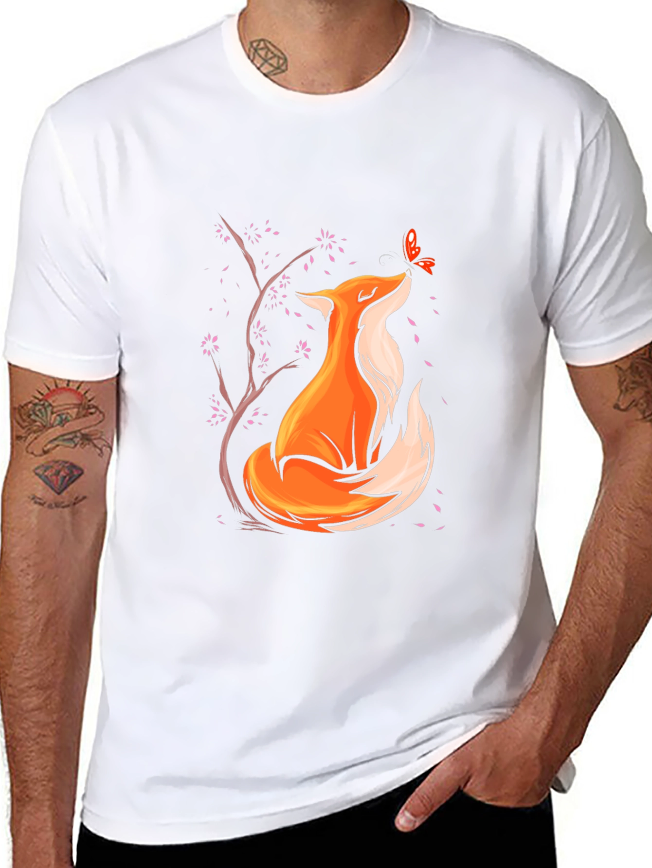 Fox and Butterfly Graphic Black T-Shirt