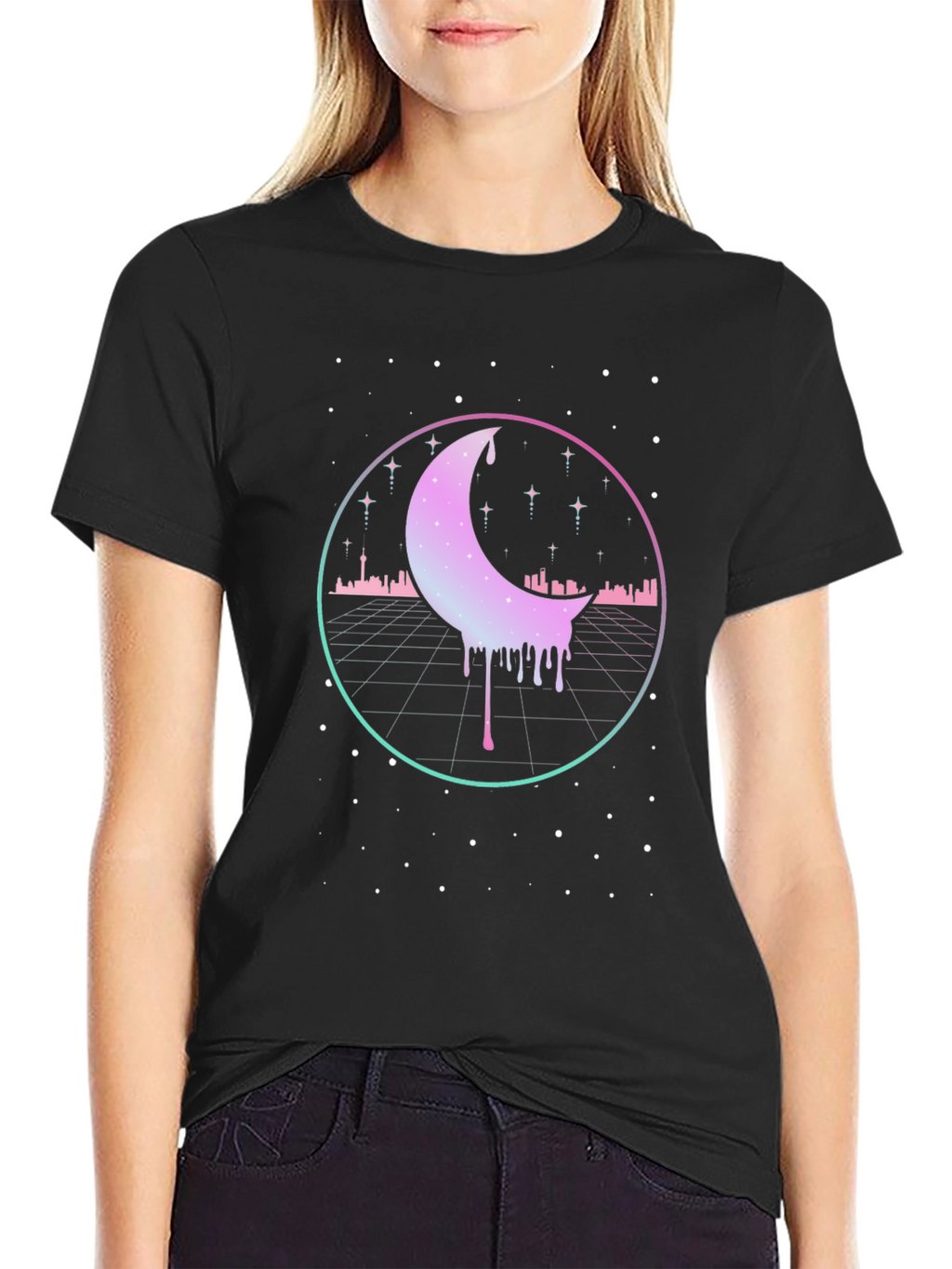 Retro Moon Drip Graphic T-Shirt - Vaporwave Aesthetic
