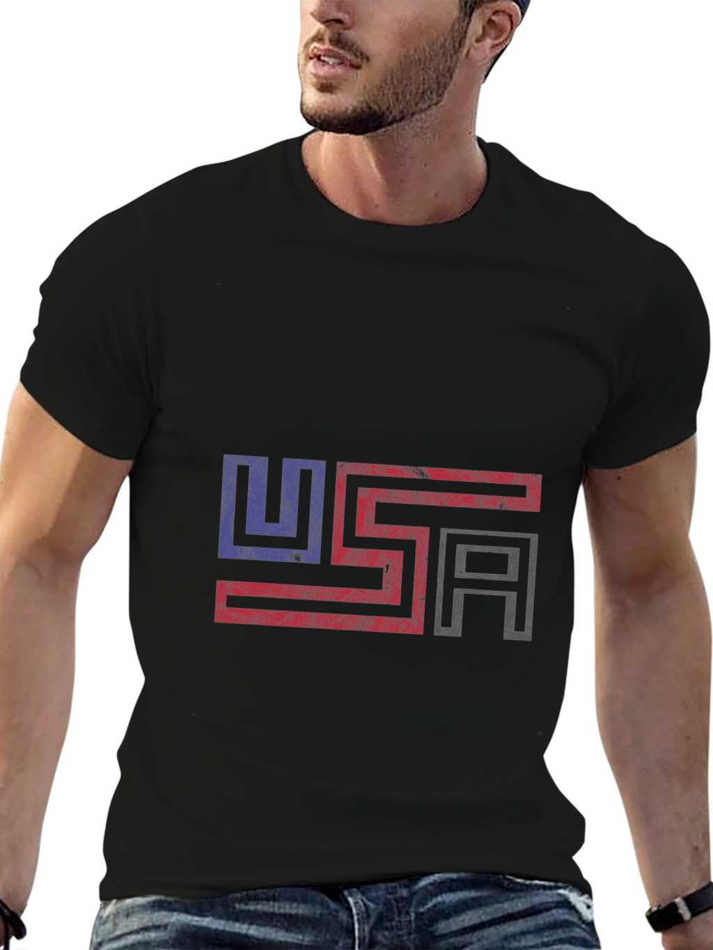 USA Flag Graphic Print Black T-Shirt