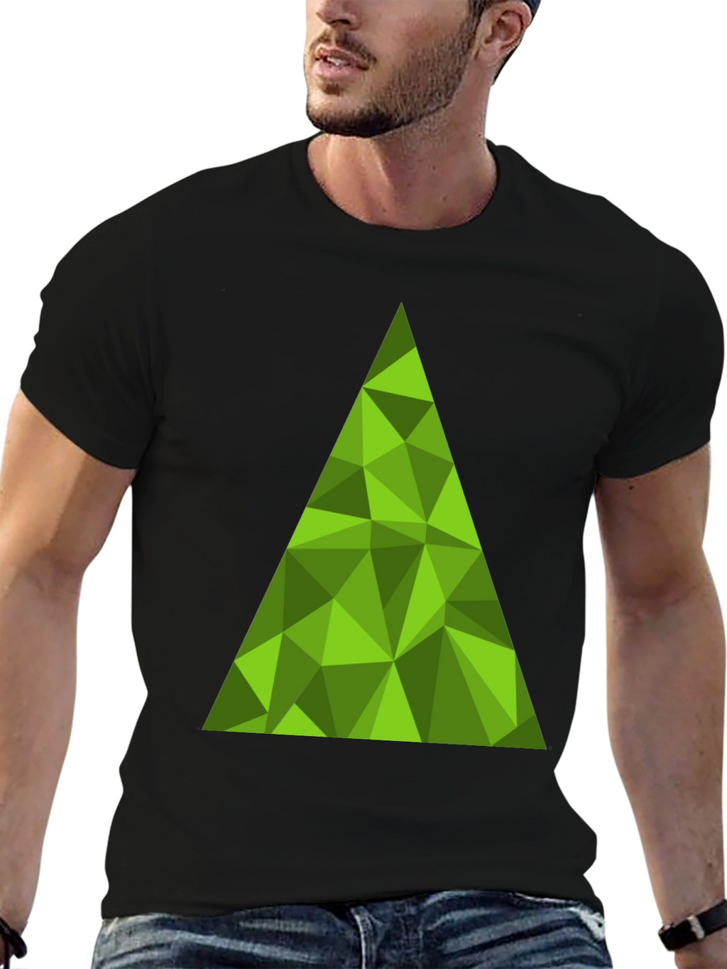 Geometric Green Triangle Graphic Tee - Black Cotton T-Shirt