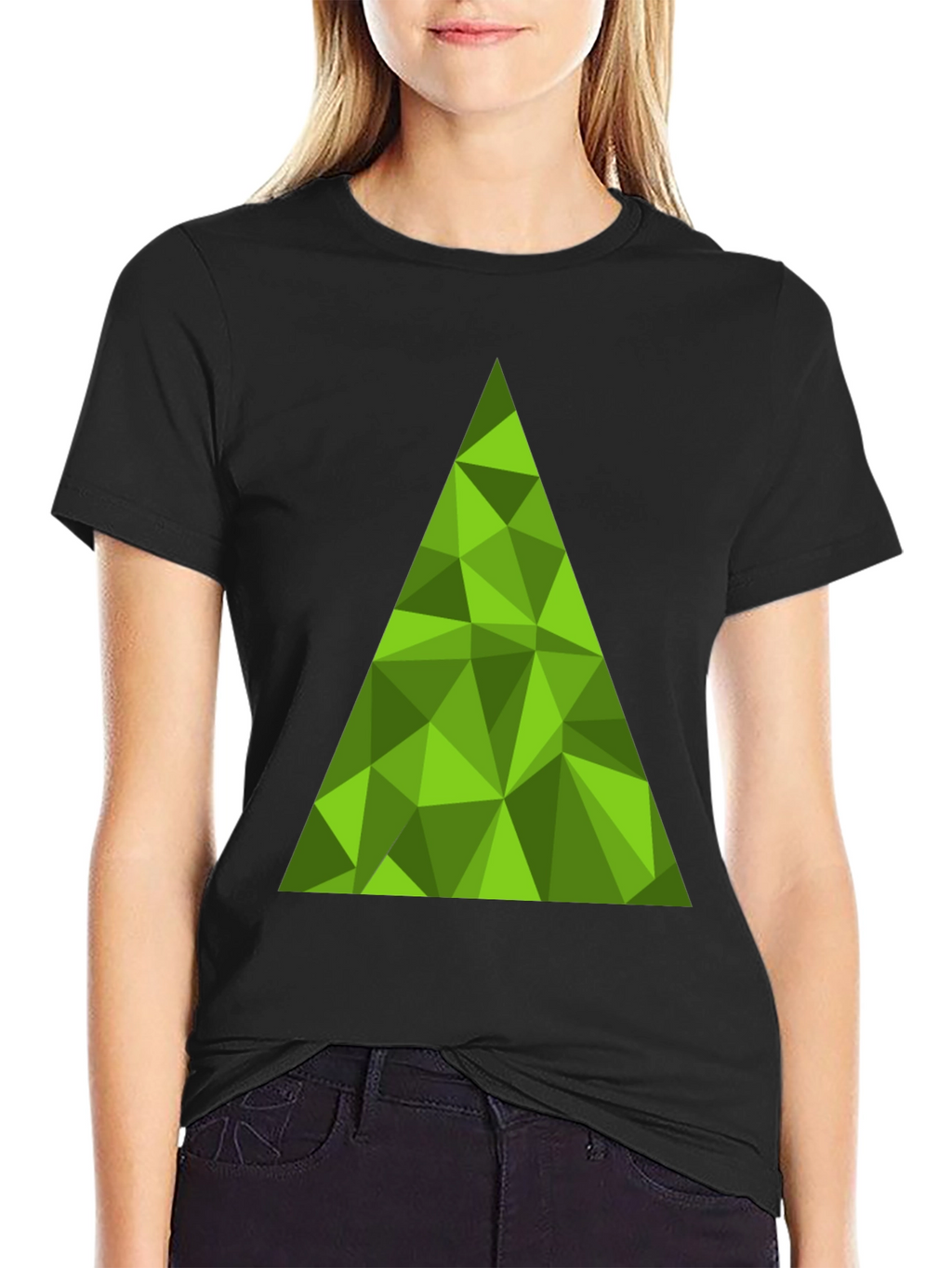 Geometric Green Triangle Graphic Tee - Black Cotton T-Shirt