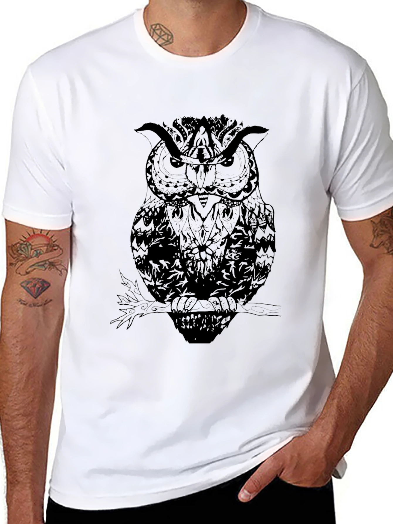 Mens Black Owl Graphic T-Shirt