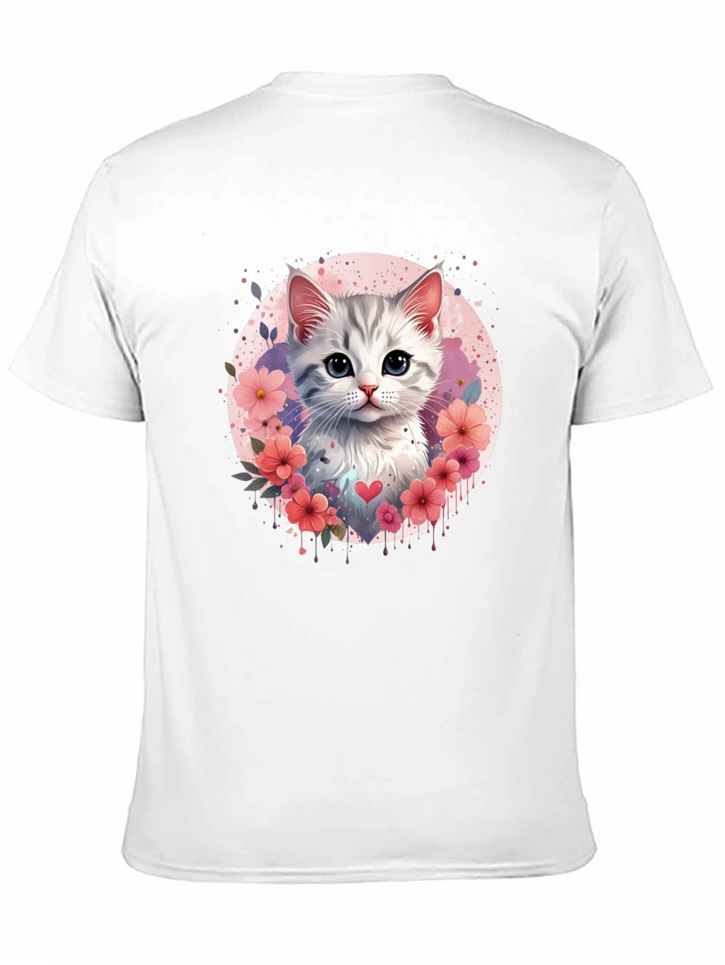 Cute Kitten Floral Heart T-Shirt - Black