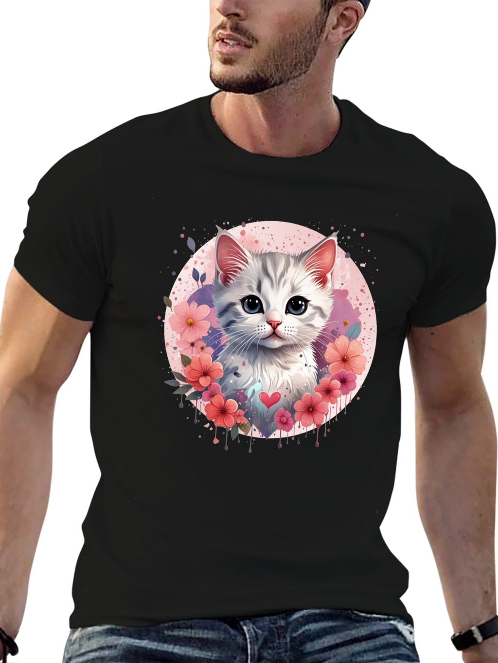 Cute Kitten Floral Heart T-Shirt - Black