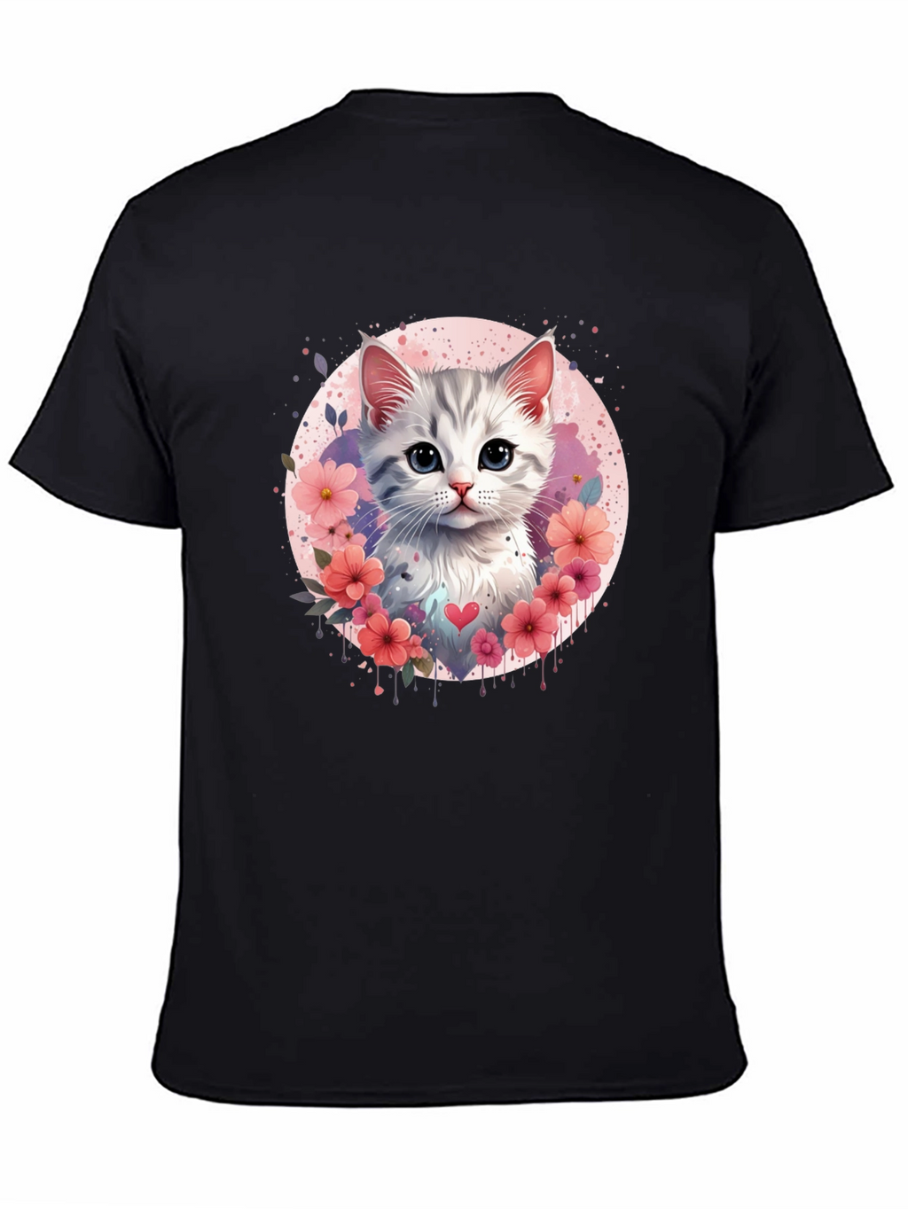 Cute Kitten Floral Heart T-Shirt - Black