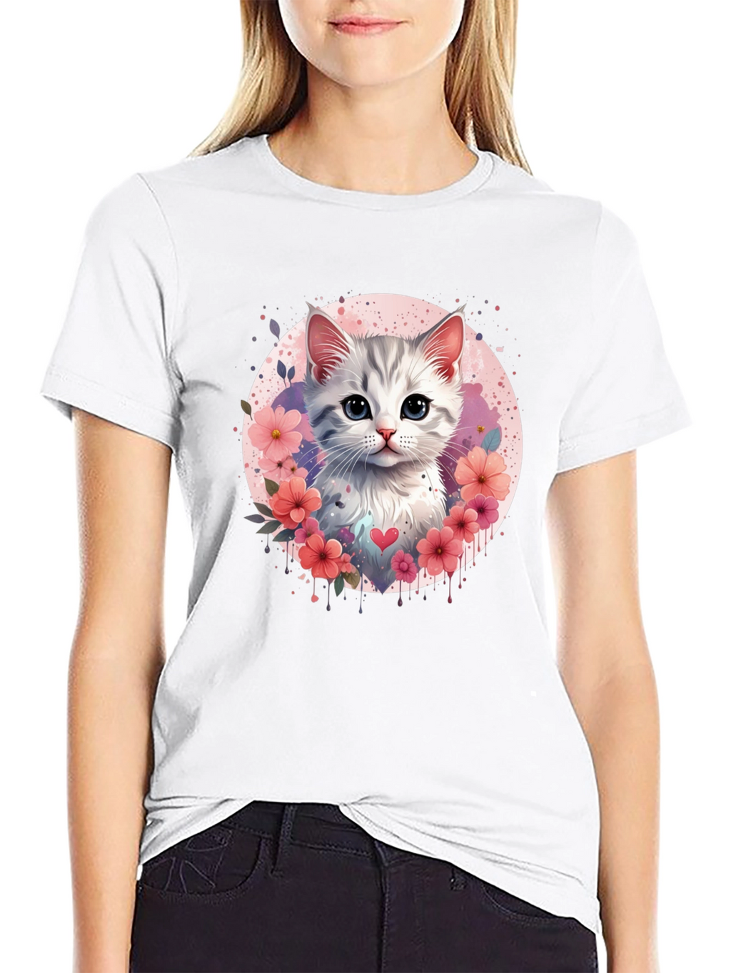 Cute Kitten Floral Heart T-Shirt - Black