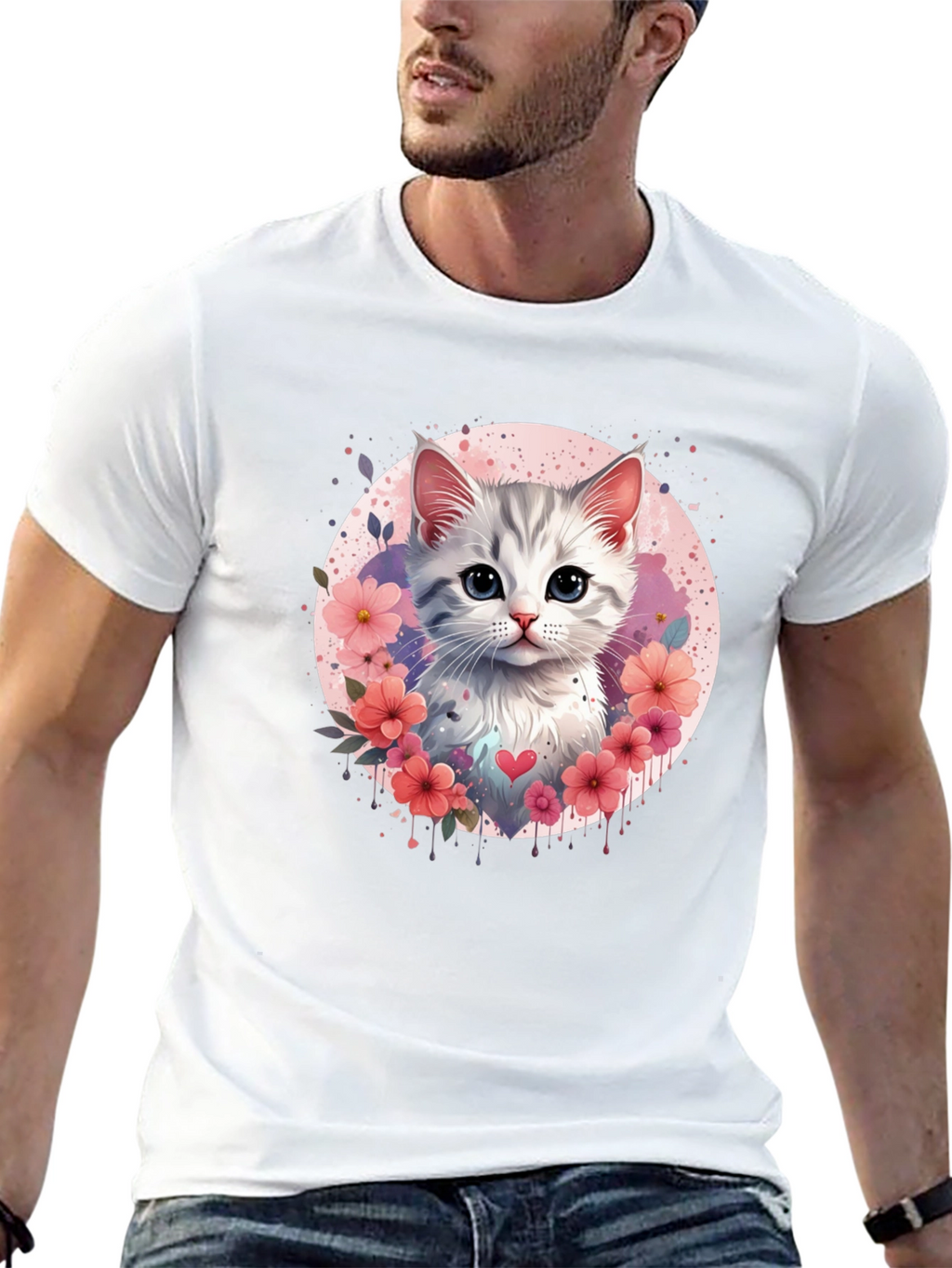 Cute Kitten Floral Heart T-Shirt - Black