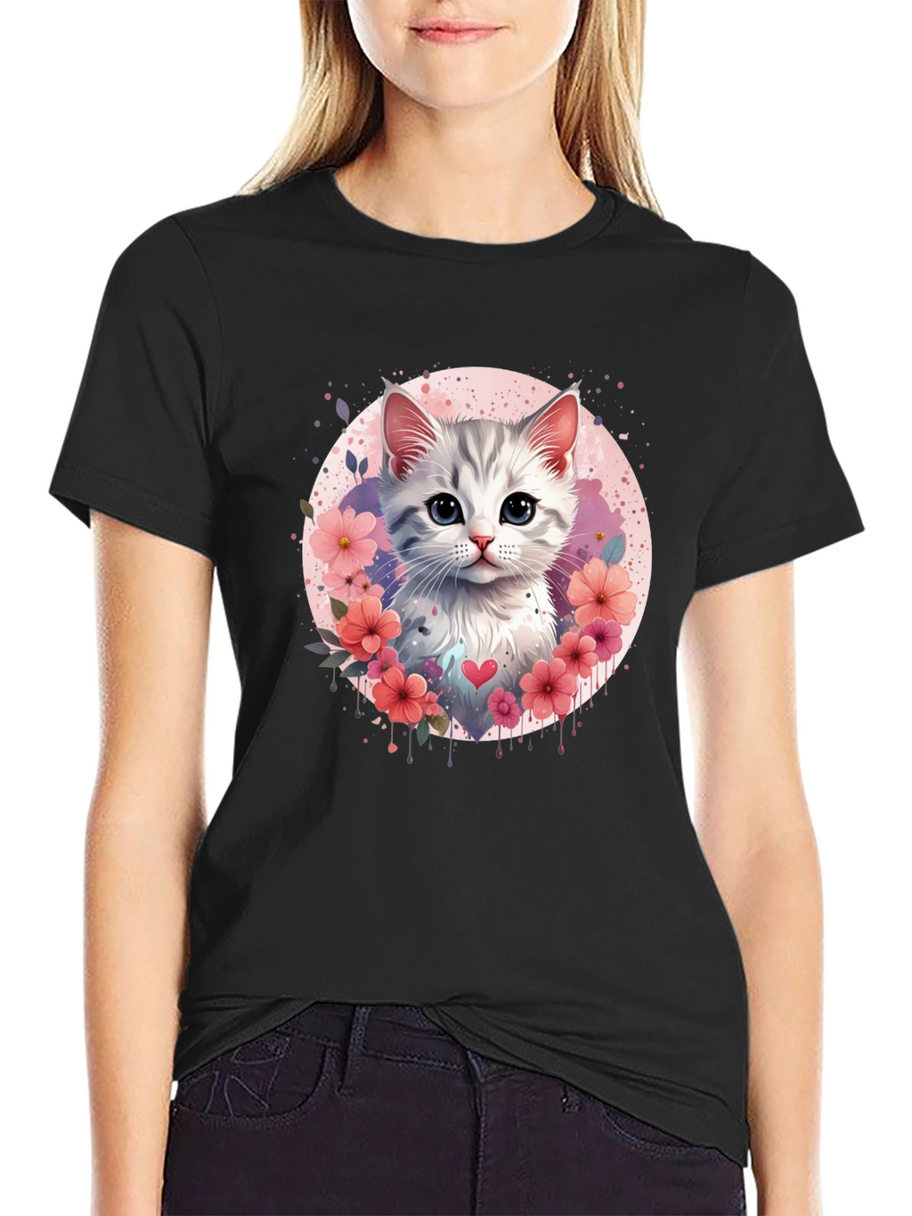 Cute Kitten Floral Heart T-Shirt - Black
