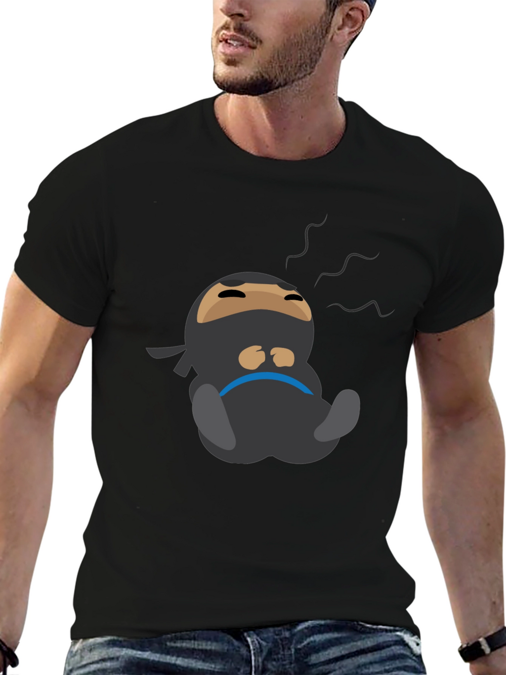 Lazy Ninja Cartoon T-Shirt - Mens Black Tee