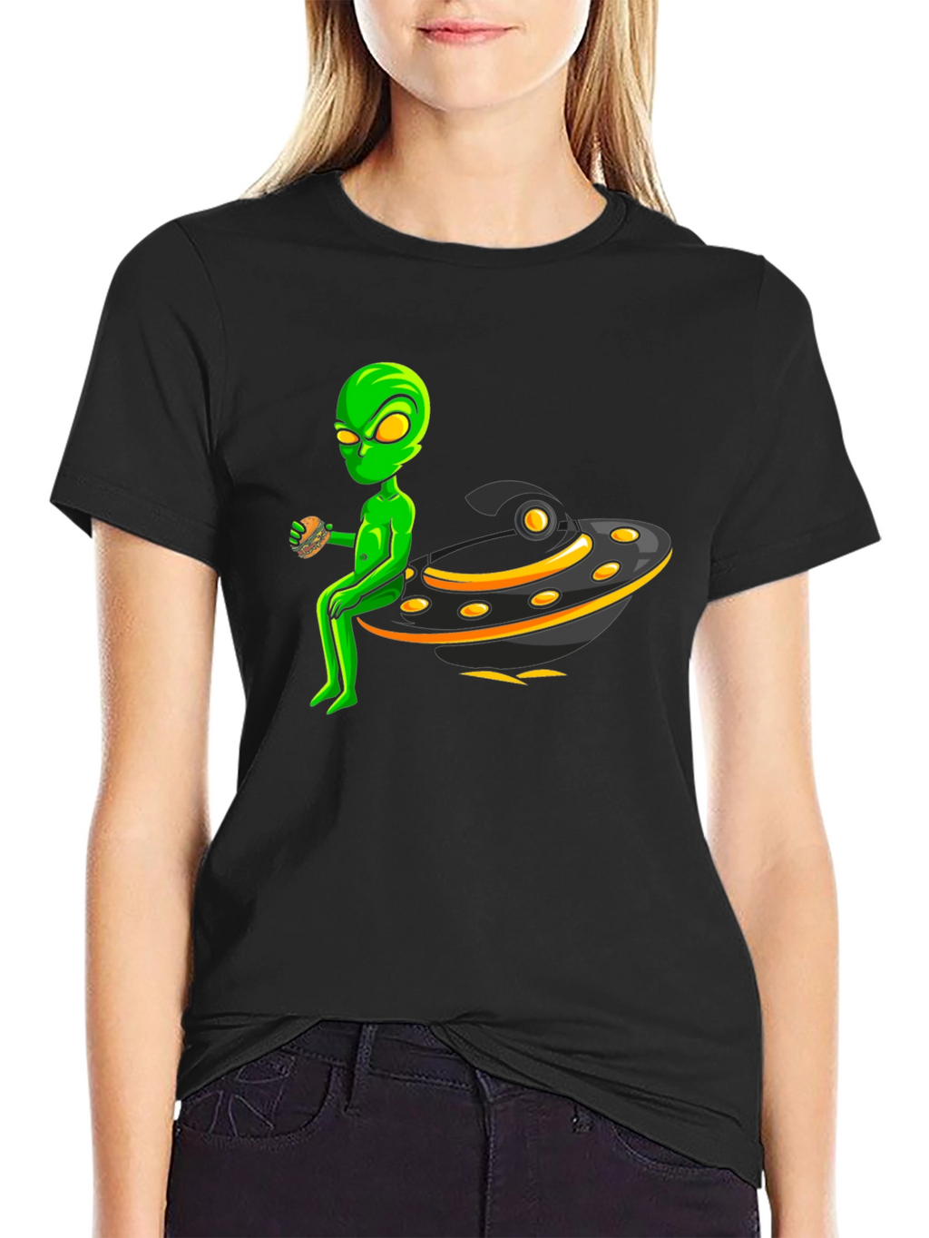 Alien UFO Burger Black T-Shirt