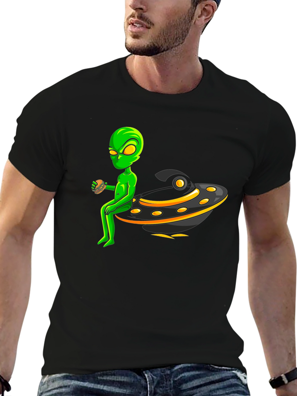 Alien UFO Burger Black T-Shirt
