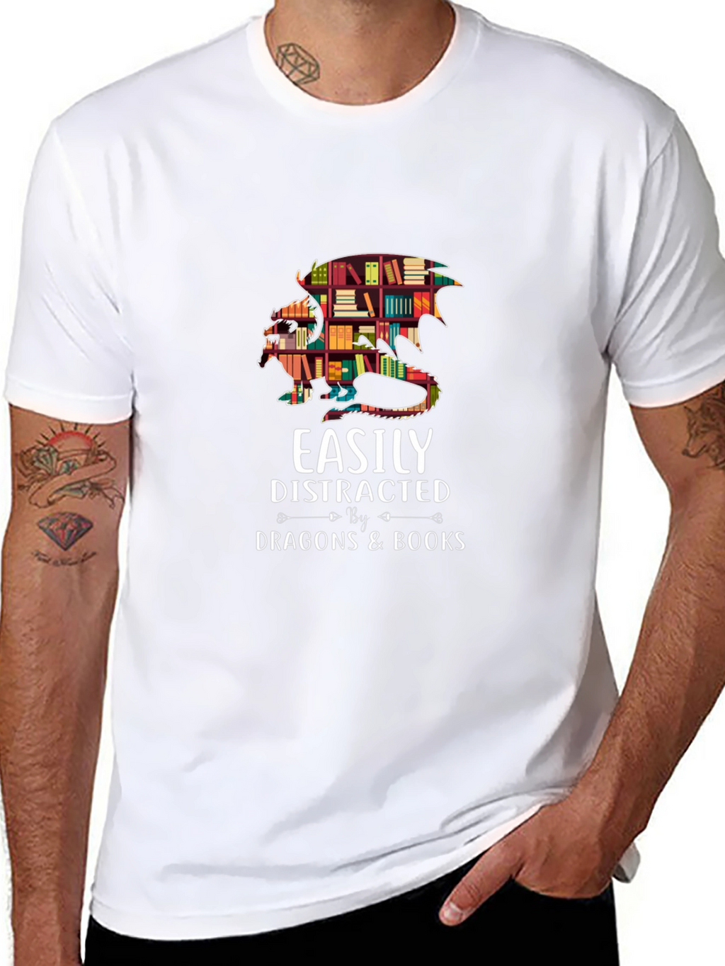 Easily Distracted By Dragons & Books Black T-Shirt
