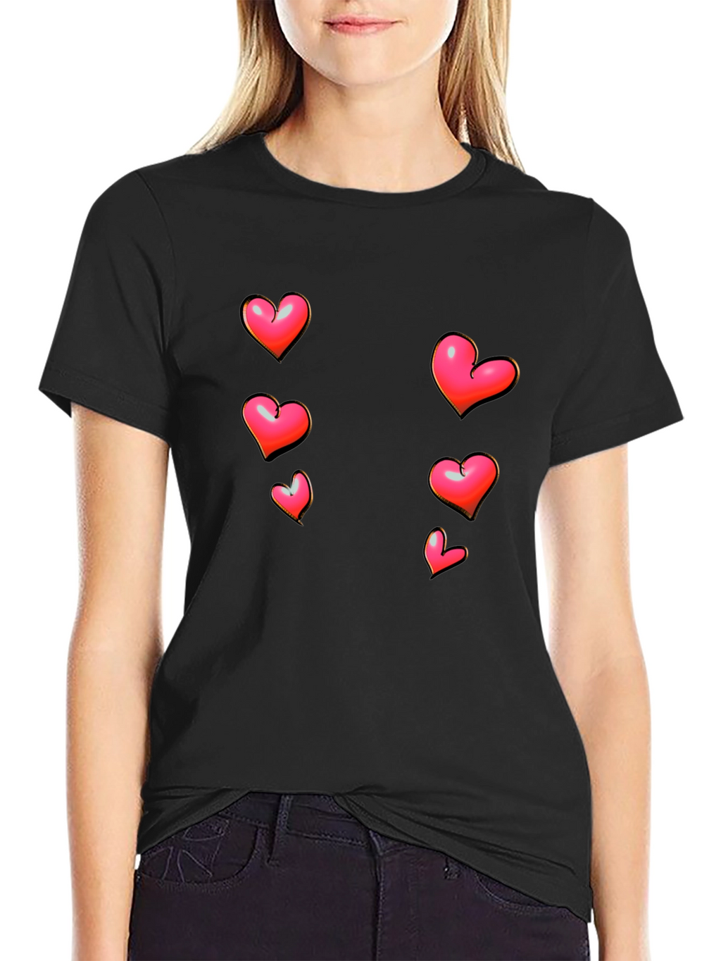 Heart Print Black Casual T-Shirt