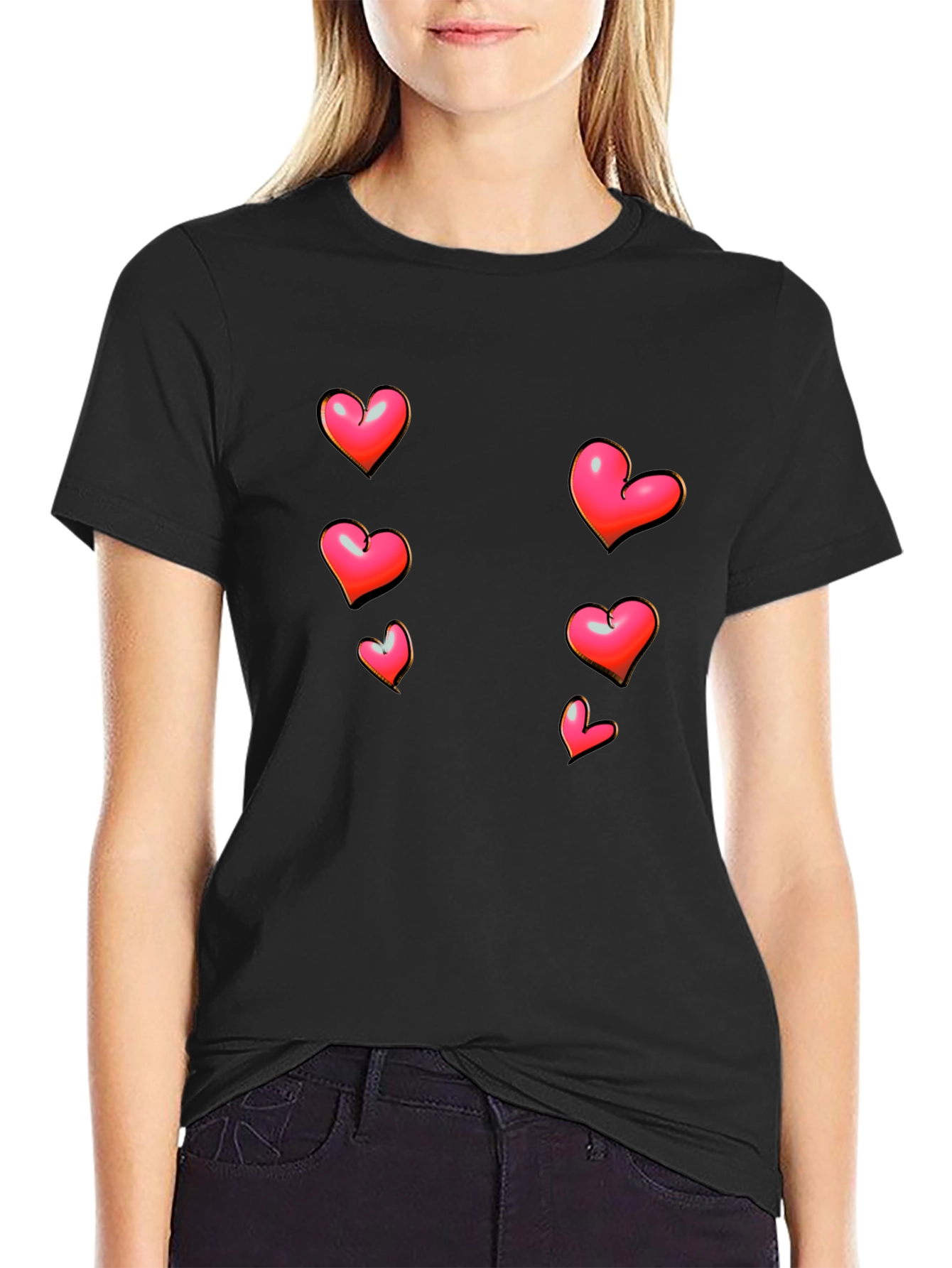 Heart Print Black Casual T-Shirt