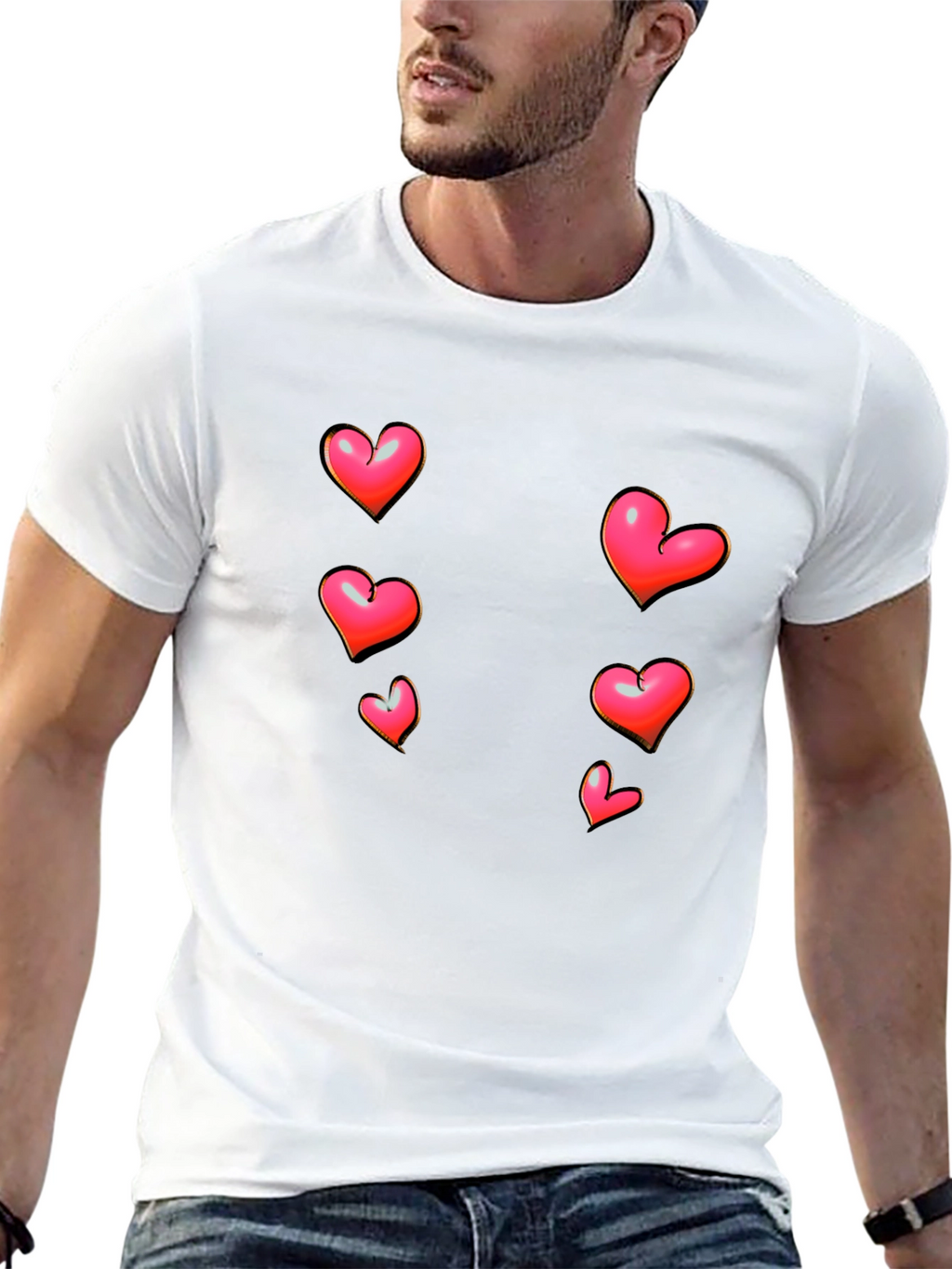 Heart Print Black Casual T-Shirt