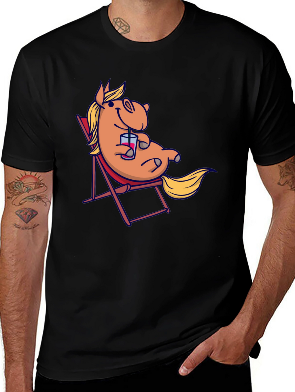 Relaxed Cartoon Horse T-Shirt - Black Cotton Tee