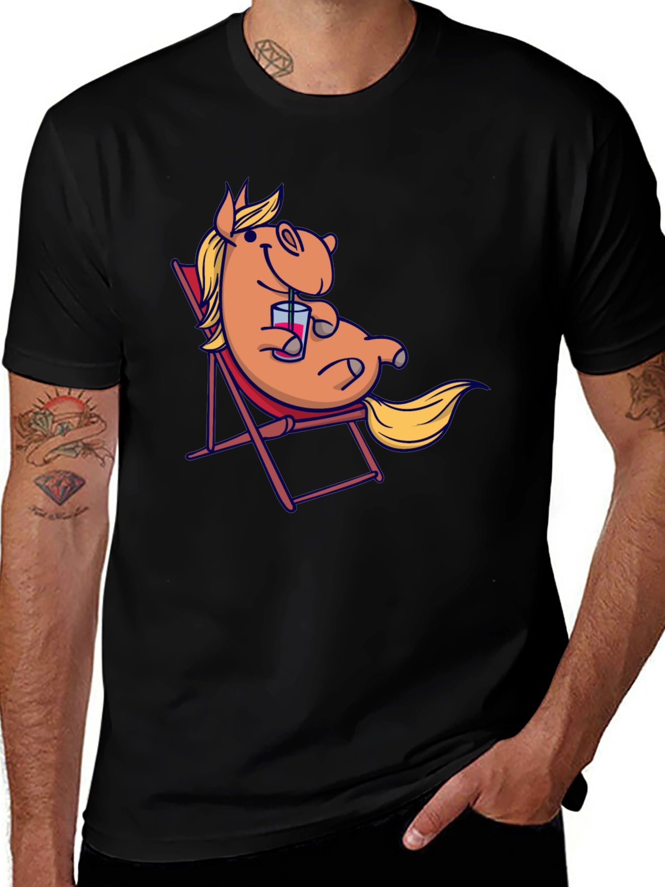 Relaxed Cartoon Horse T-Shirt - Black Cotton Tee