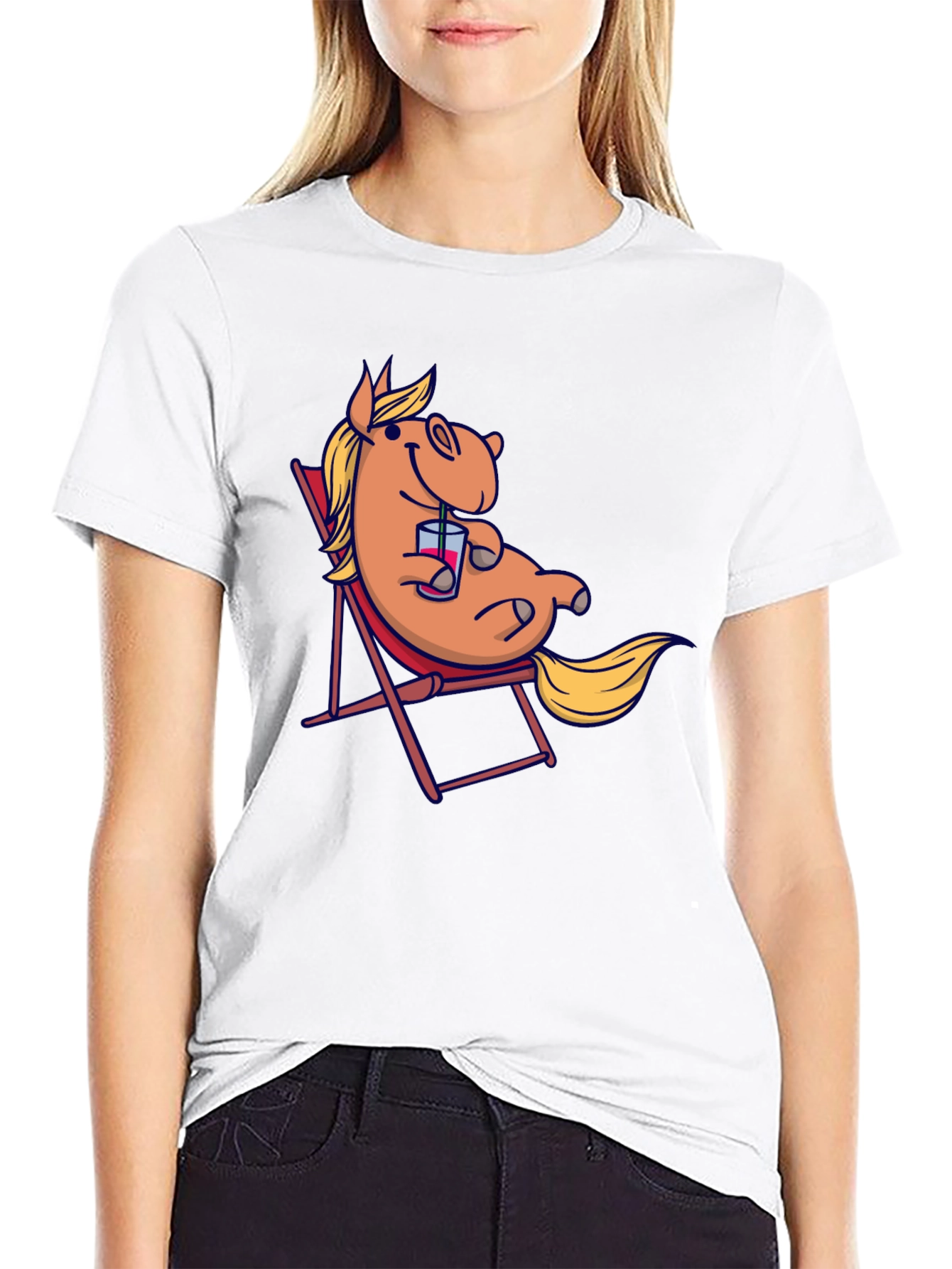 Relaxed Cartoon Horse T-Shirt - Black Cotton Tee