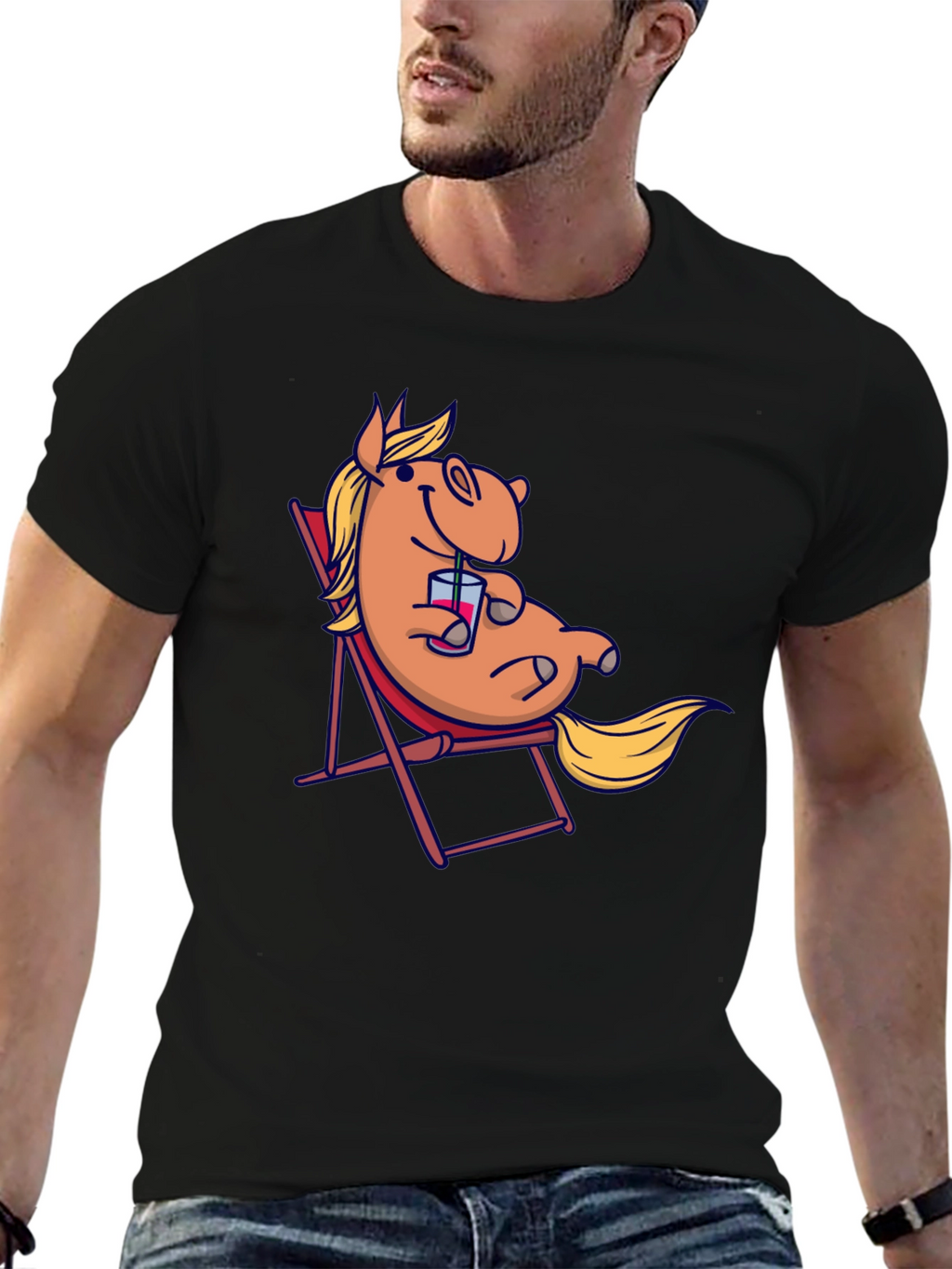 Relaxed Cartoon Horse T-Shirt - Black Cotton Tee
