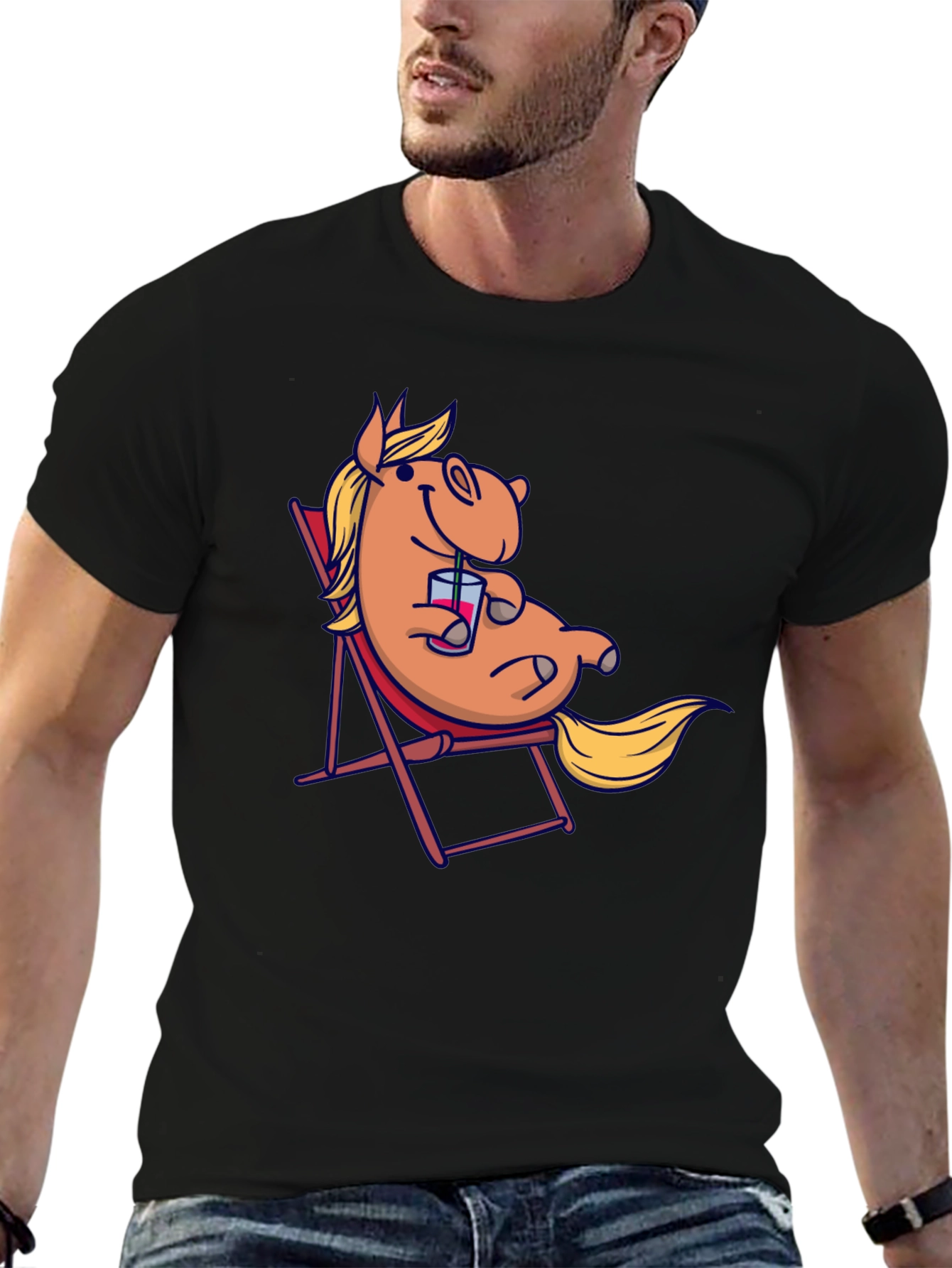 Relaxed Cartoon Horse T-Shirt - Black Cotton Tee