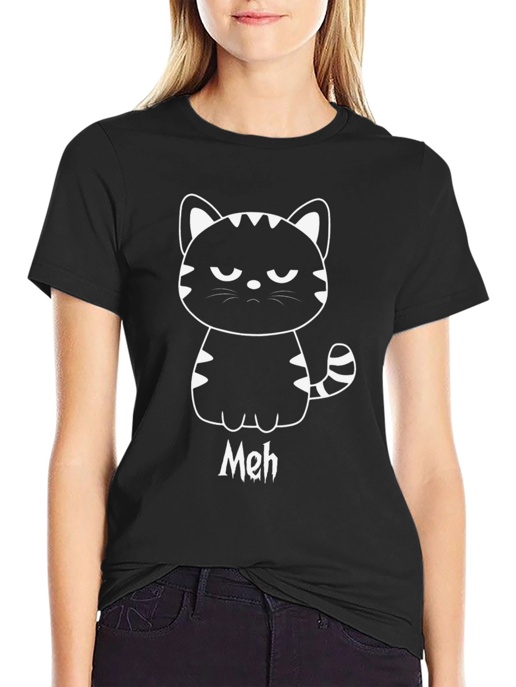 Meh Cat Graphic Tee - Black Cotton Shirt