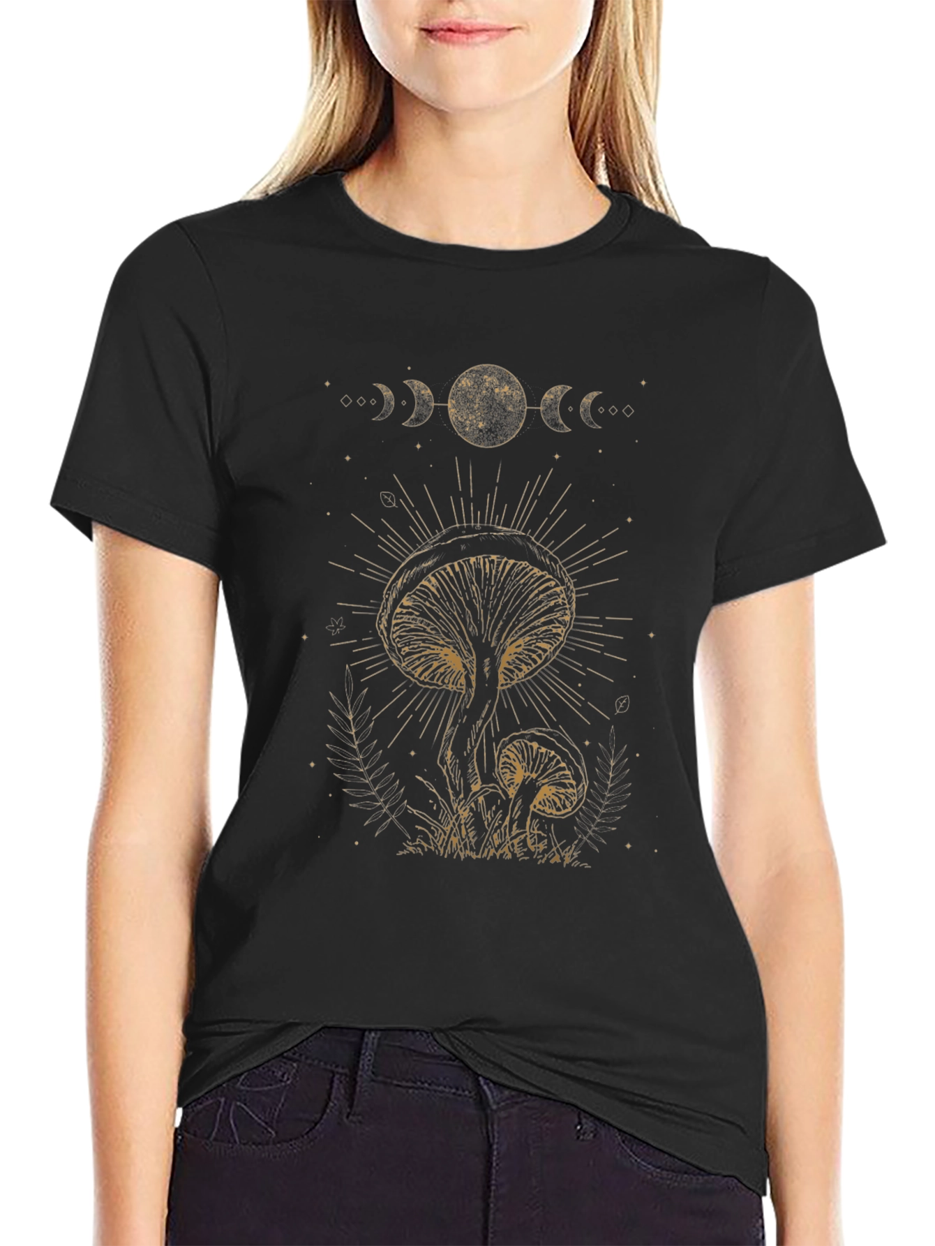 Mushroom Moon Phase Graphic Tee - Black Cotton T-Shirt