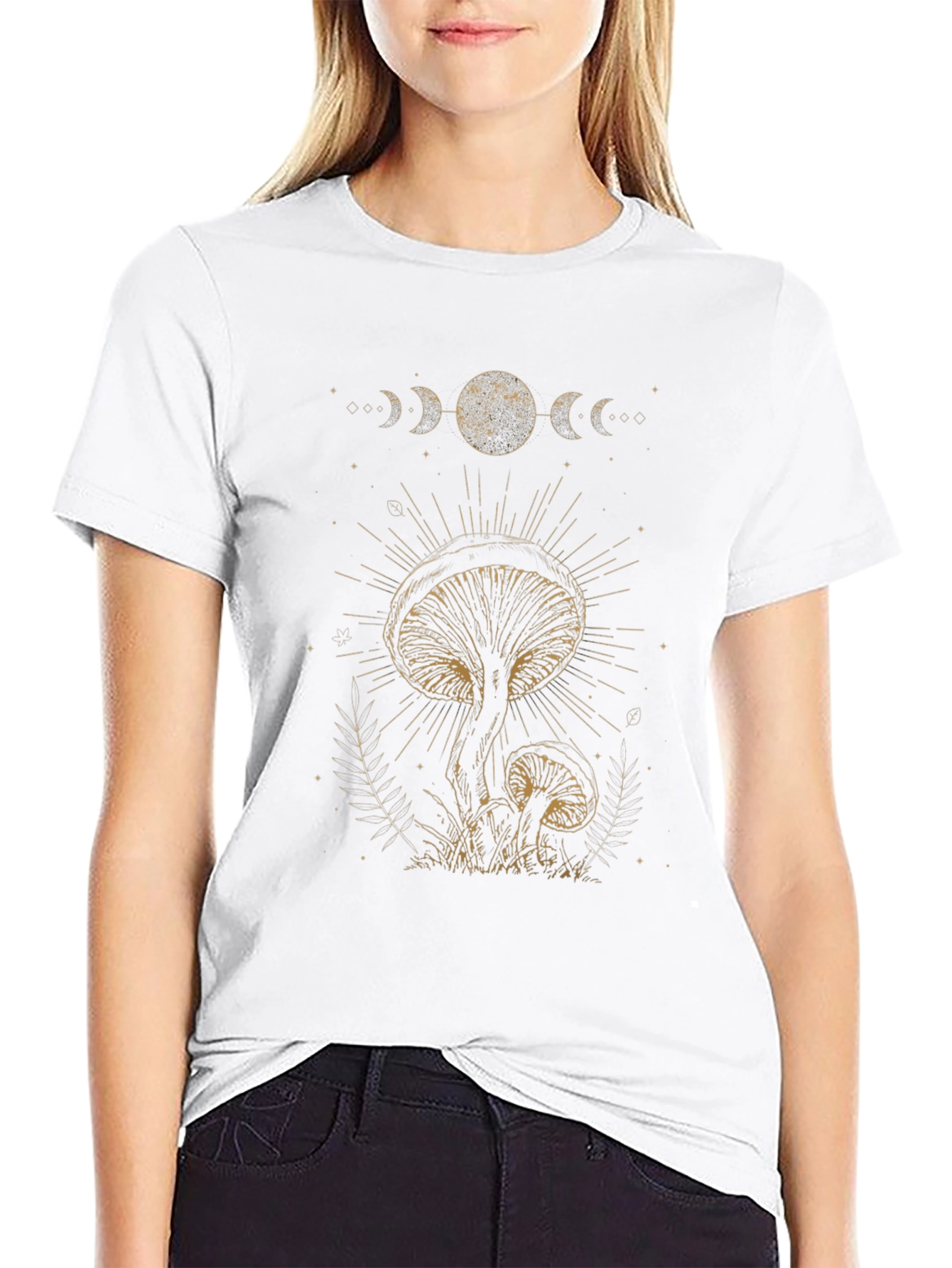 Mushroom Moon Phase Graphic Tee - Black Cotton T-Shirt