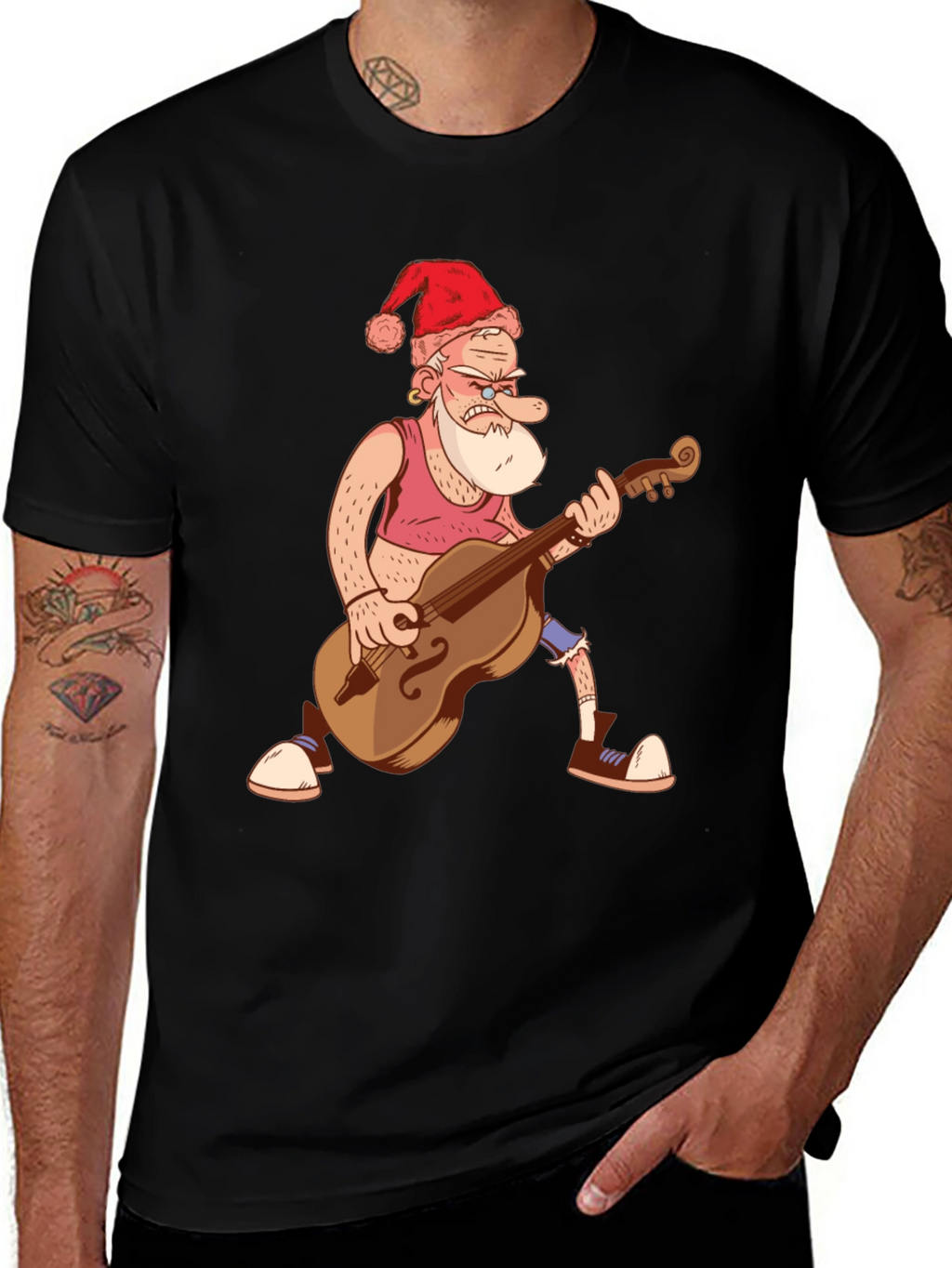 Santa Bass Player T-Shirt - Black Cotton Tee