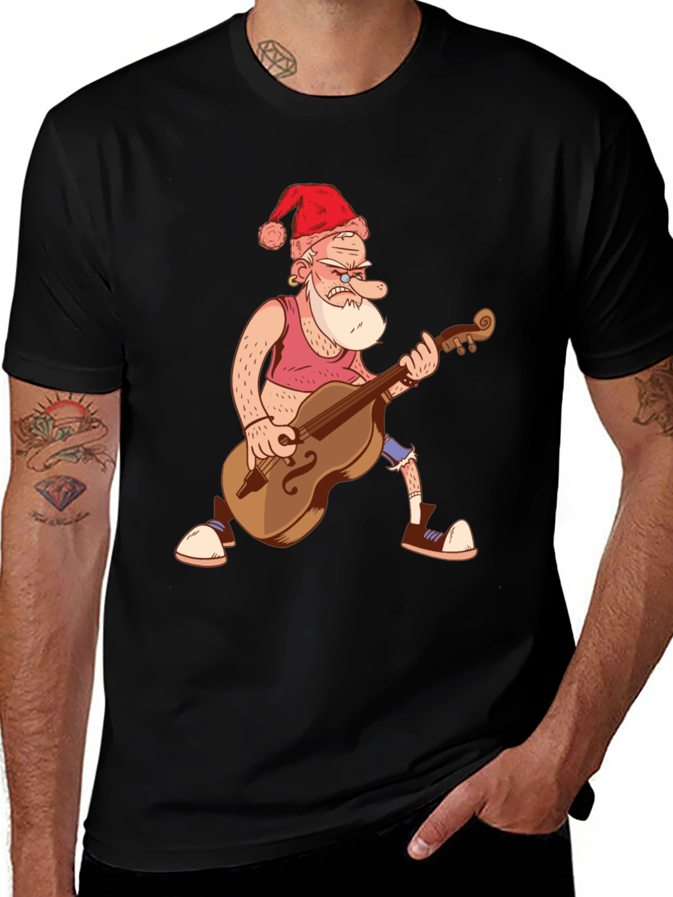 Santa Bass Player T-Shirt - Black Cotton Tee